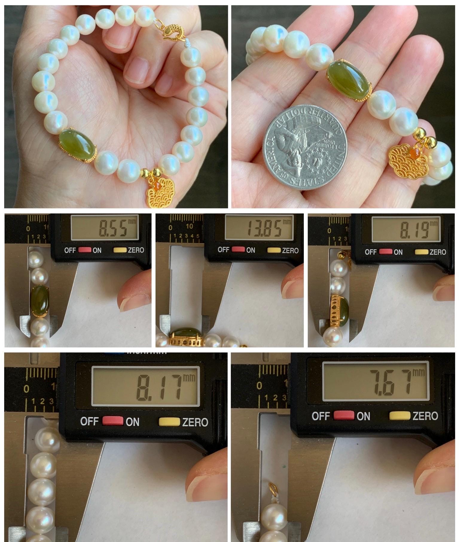 Natural Freshwater All-Nacre Pearls Grade A Icy Translucent Olive Green Jadeite Beaded Bracelet Sterling Silver 7" 天然淡水无核珍珠冰茶黄翡翠手串 WHZ679