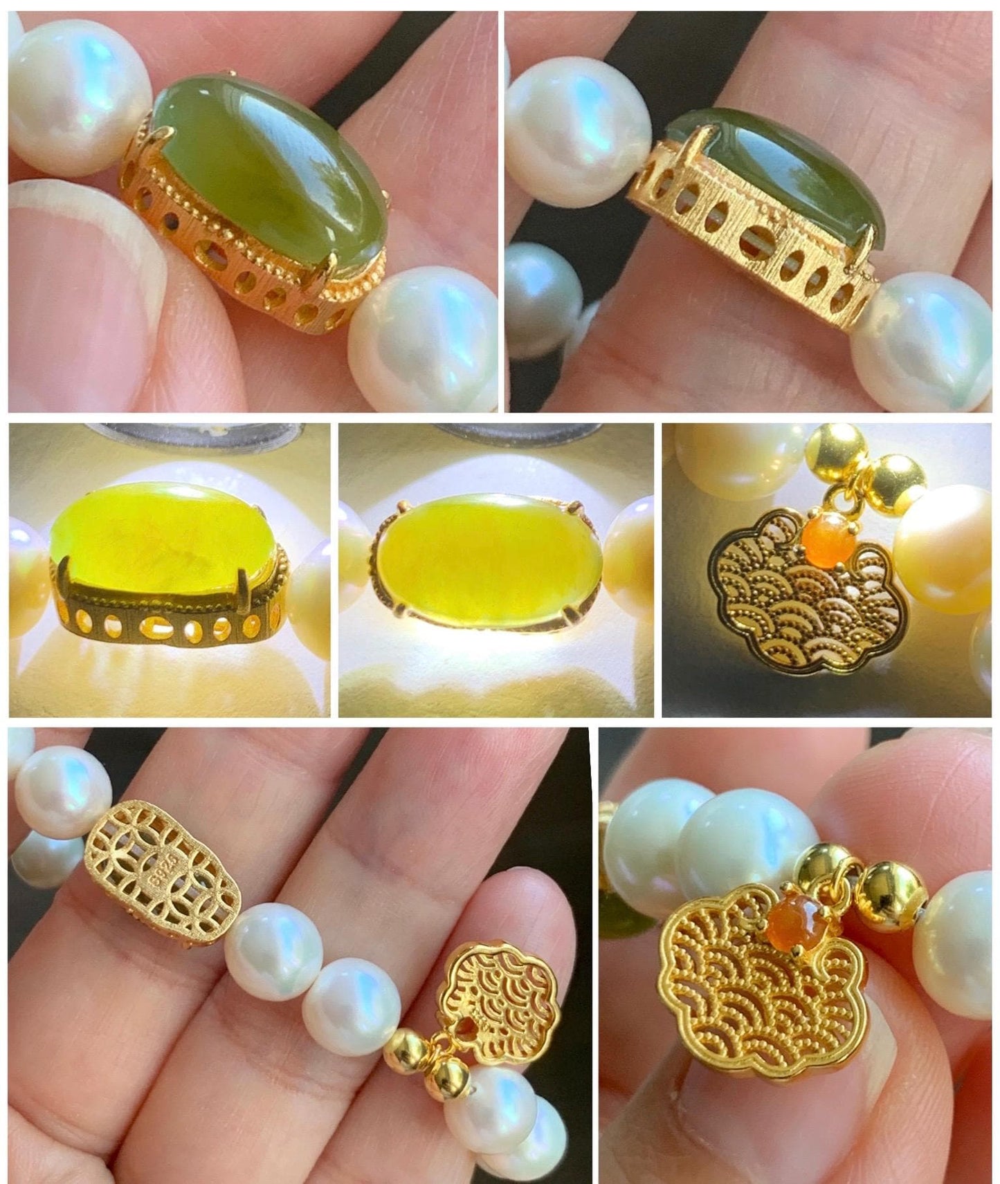 Natural Freshwater All-Nacre Pearls Grade A Icy Translucent Olive Green Jadeite Beaded Bracelet Sterling Silver 7" 天然淡水无核珍珠冰茶黄翡翠手串 WHZ679