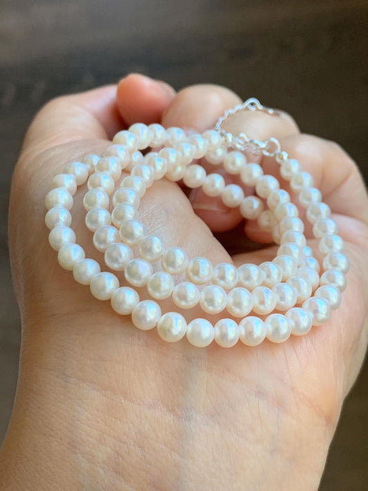 Natural Freshwater All-Nacre White Round Mini Pearls Beaded Necklace Sterling Silver Clasp 5mm 16.25”-17.75” 14g 天然淡水无核小米白珍珠项链 XMB280A