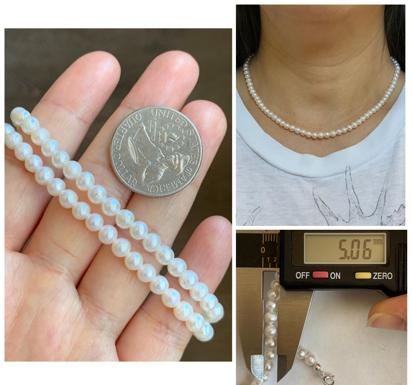 Natural Freshwater All-Nacre White Round Mini Pearls Beaded Necklace Sterling Silver Clasp 5mm 16.25”-17.75” 14g 天然淡水无核小米白珍珠项链 XMB280A