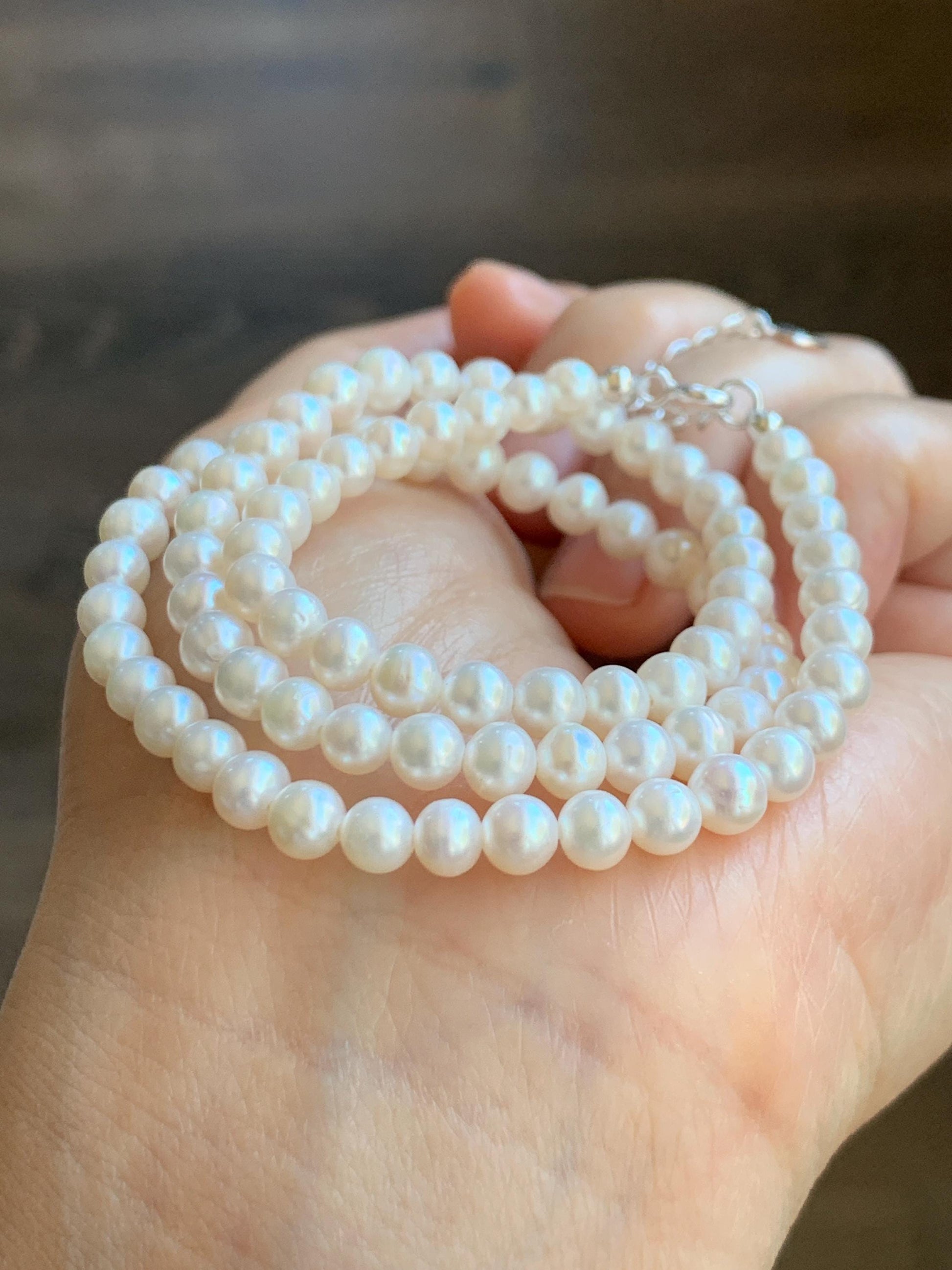 Natural Freshwater All-Nacre White Round Mini Pearls Beaded Necklace Sterling Silver Clasp 5mm 16.25”-17.75” 14g 天然淡水无核小米白珍珠项链 XMB280A