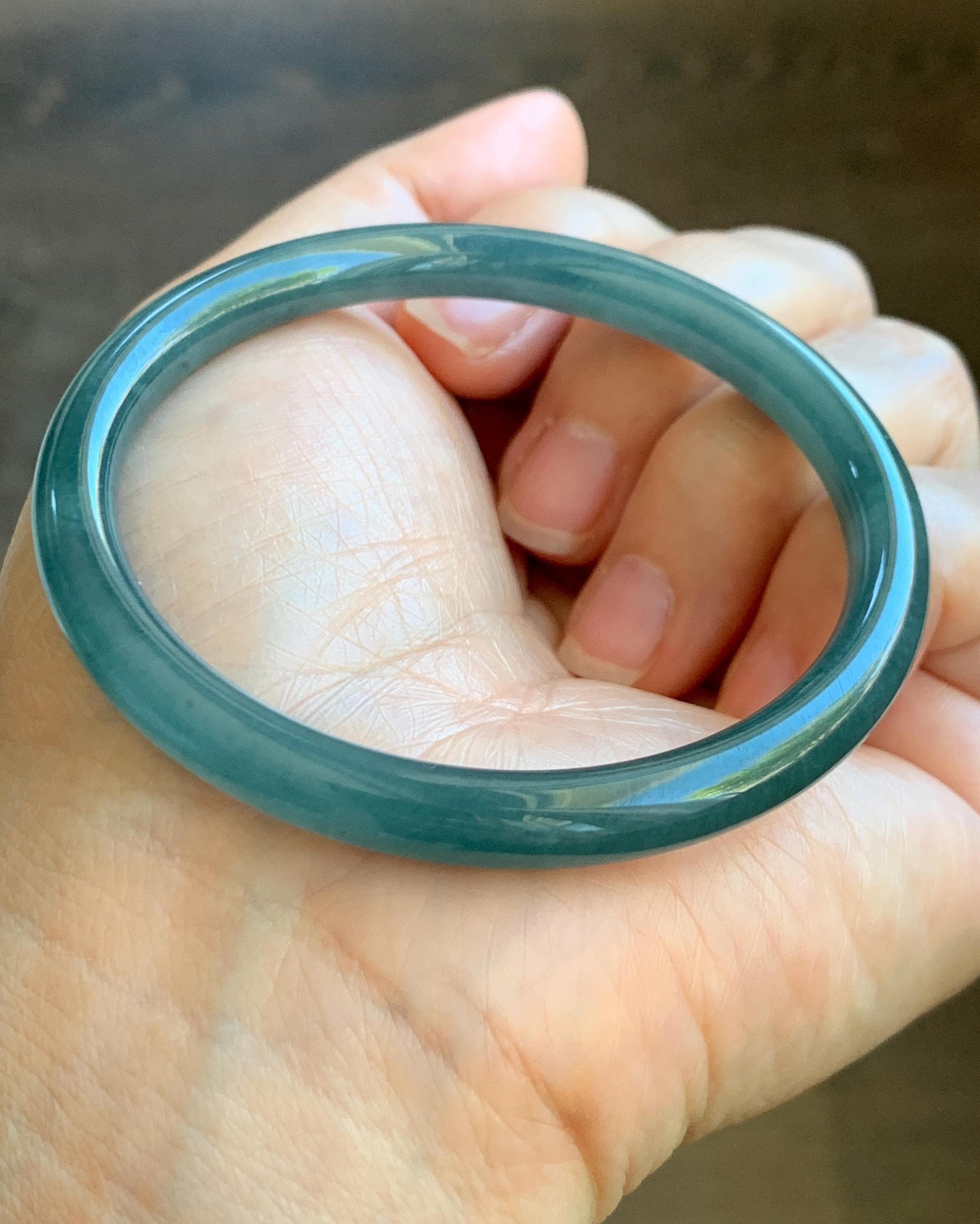 Certified Natural Grade A Guatemalan Icy Translucent Dark Aegean Blue Jade Jadeite Slim Bangle 56.1mm 6.9” 22.4g 天然冰胶危深蓝翡翠细圆条手镯 8767