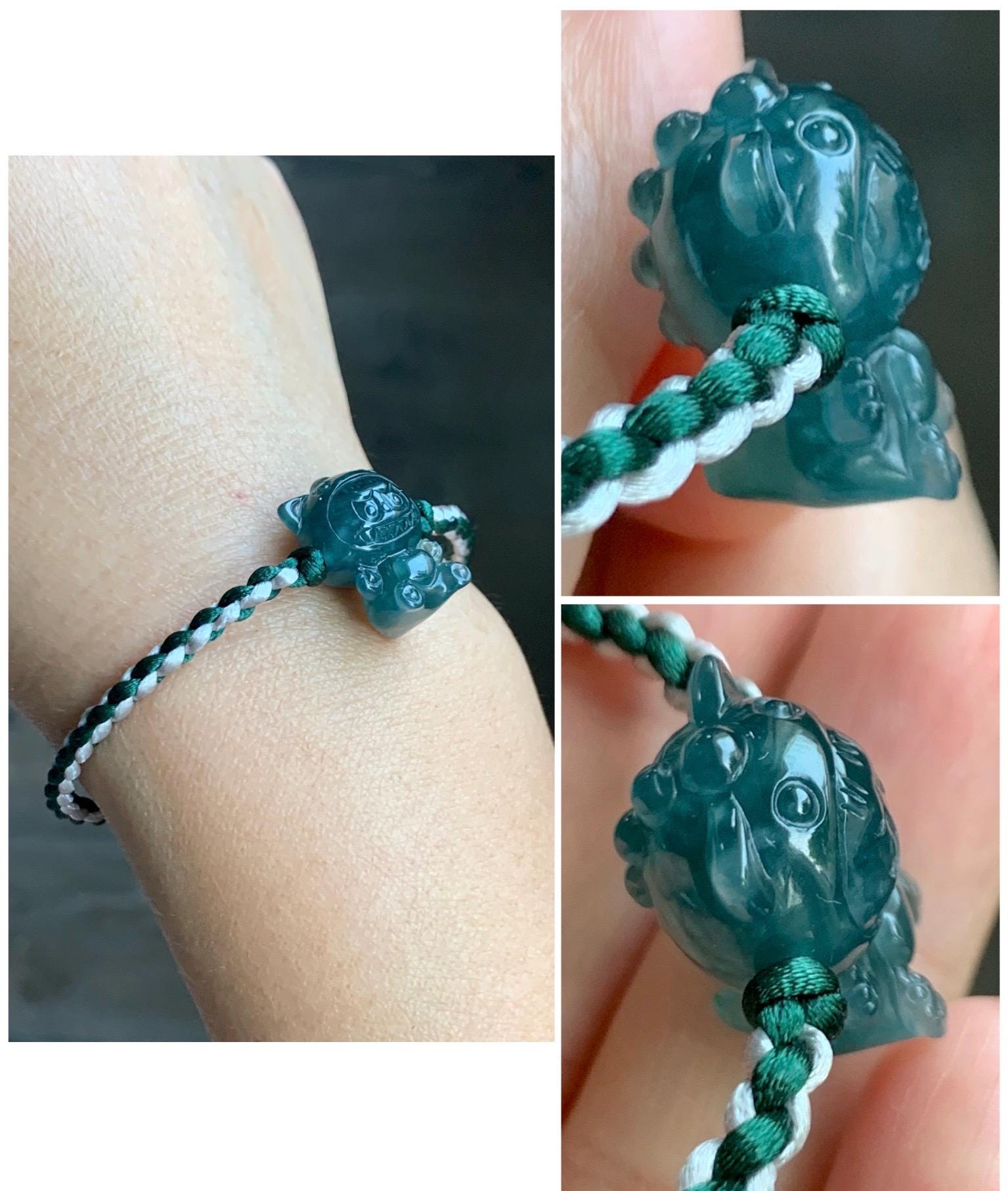 Natural Grade A Guatemalan Icy Translucent Dark Teal Blue Jade Jadeite Carved Monster Plush Rope Bracelet 6.5”-8.5” 6g 天然冰胶危深蓝绿翡翠手绳 LBB80D