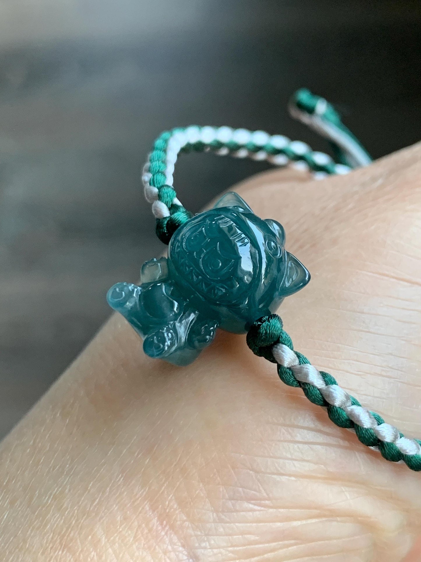 Natural Grade A Guatemalan Icy Translucent Dark Teal Blue Jade Jadeite Carved Monster Plush Rope Bracelet 6.5”-8.5” 6g 天然冰胶危深蓝绿翡翠手绳 LBB80D