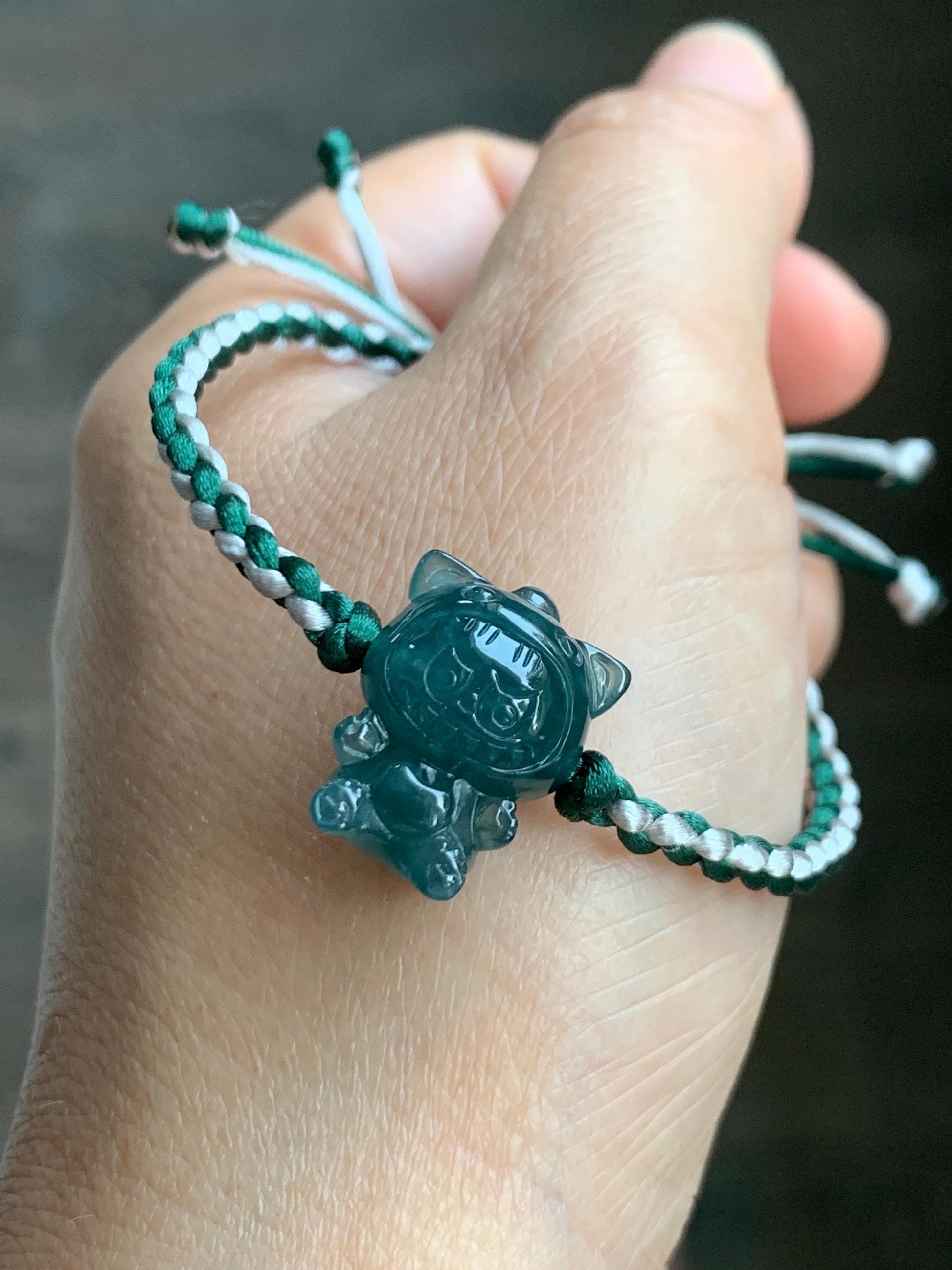 Natural Grade A Guatemalan Icy Translucent Dark Teal Blue Jade Jadeite Carved Monster Plush Rope Bracelet 6.5”-8.5” 6g 天然冰胶危深蓝绿翡翠手绳 LBB80D