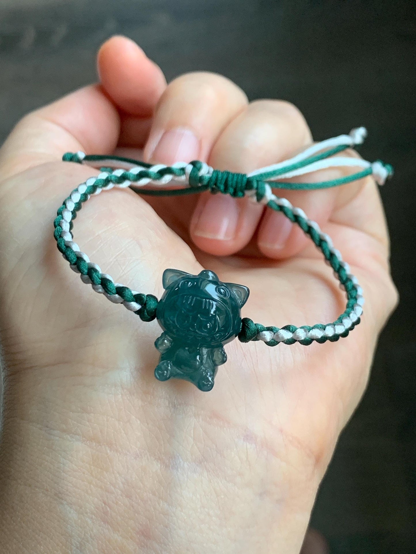Natural Grade A Guatemalan Icy Translucent Dark Teal Blue Jade Jadeite Carved Monster Plush Rope Bracelet 6.5”-8.5” 6g 天然冰胶危深蓝绿翡翠手绳 LBB80D