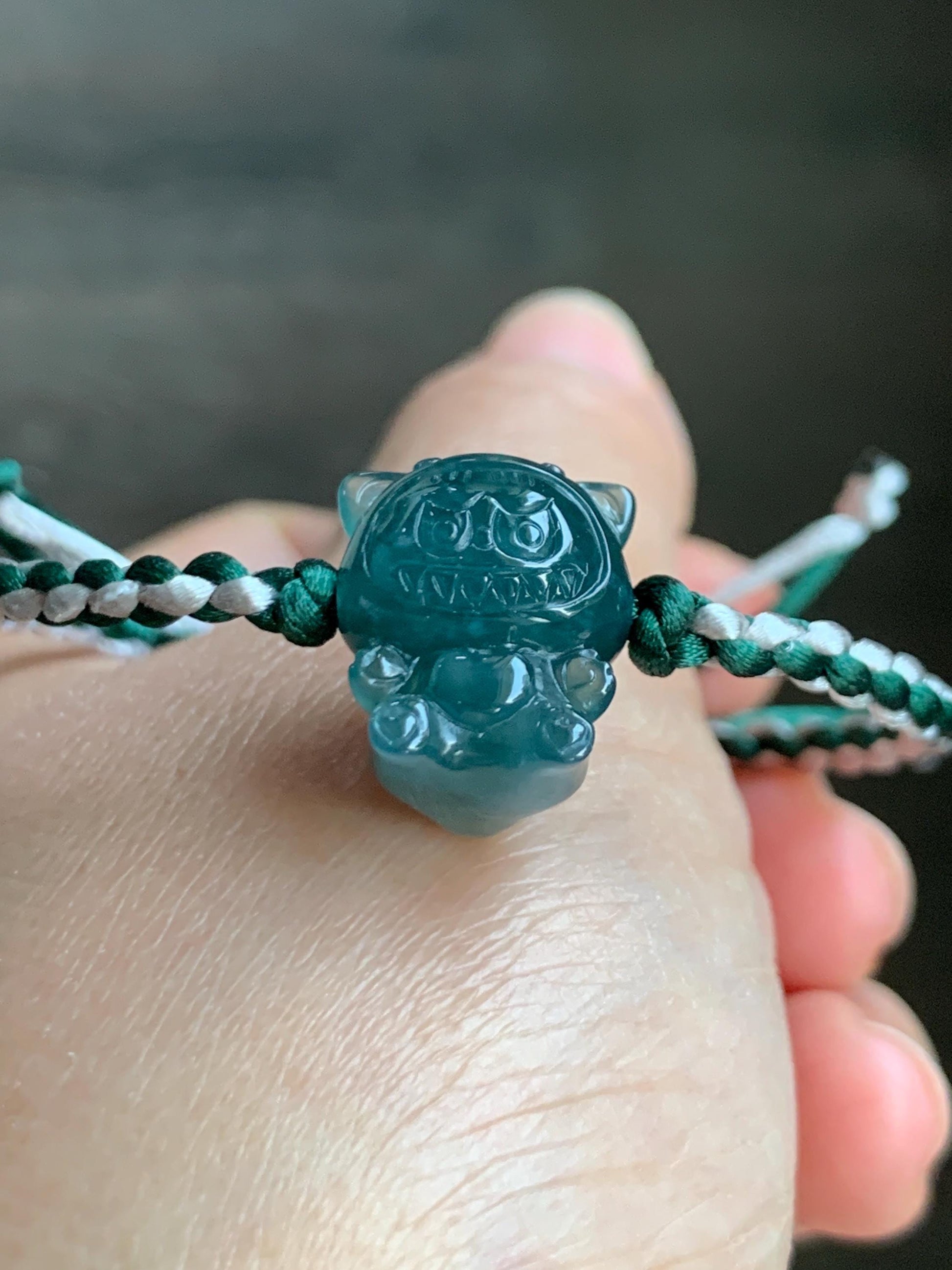 Natural Grade A Guatemalan Icy Translucent Dark Teal Blue Jade Jadeite Carved Monster Plush Rope Bracelet 6.5”-8.5” 6g 天然冰胶危深蓝绿翡翠手绳 LBB80D