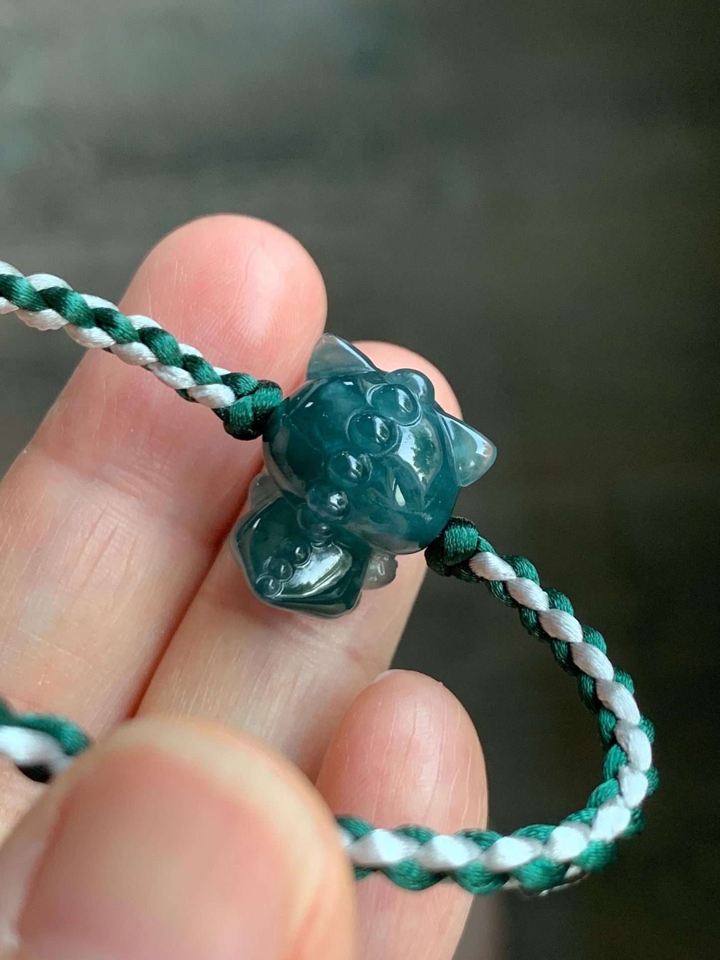 Natural Grade A Guatemalan Icy Translucent Dark Teal Blue Jade Jadeite Carved Monster Plush Rope Bracelet 6.5”-8.5” 6g 天然冰胶危深蓝绿翡翠手绳 LBB80D