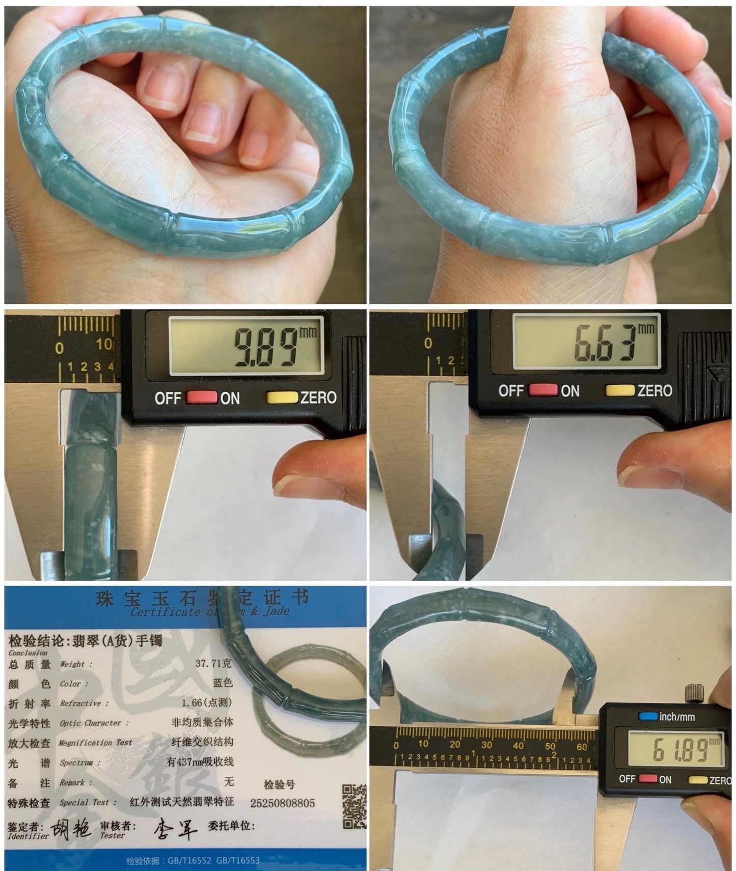 Certified Natural Grade A Guatemalan Icy Translucent Dusty Teal Blue Jade Jadeite Carved Bamboo Bangle 61.89mm 7.65” 37.7g 天然危篮翡翠竹节手镯 8805