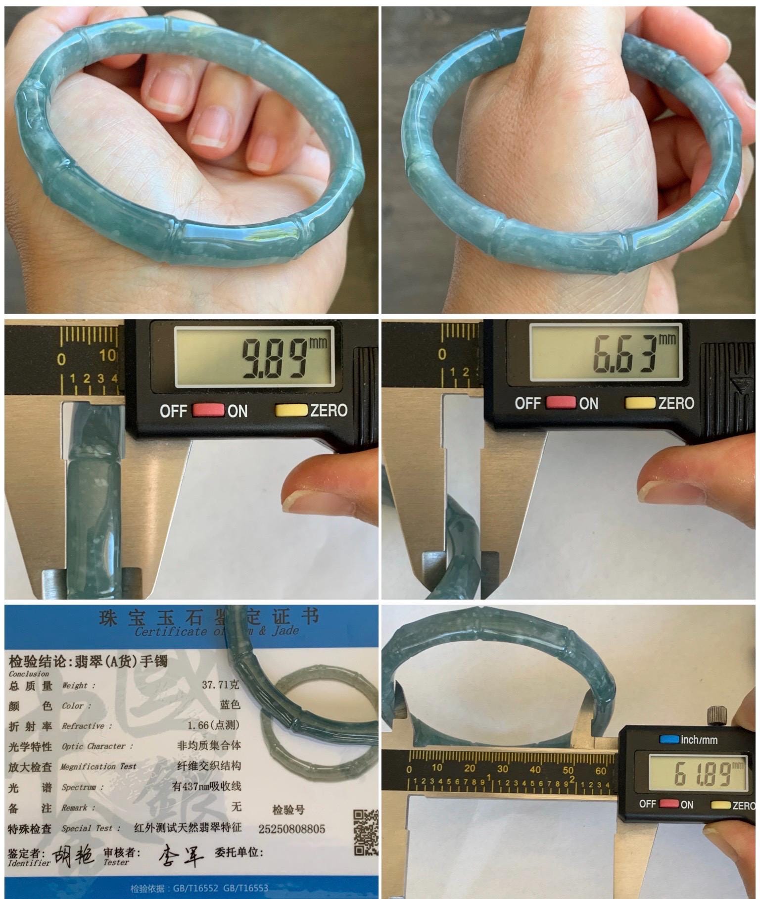 Certified Natural Grade A Guatemalan Icy Translucent Dusty Teal Blue Jade Jadeite Carved Bamboo Bangle 61.89mm 7.65” 37.7g 天然危篮翡翠竹节手镯 8805