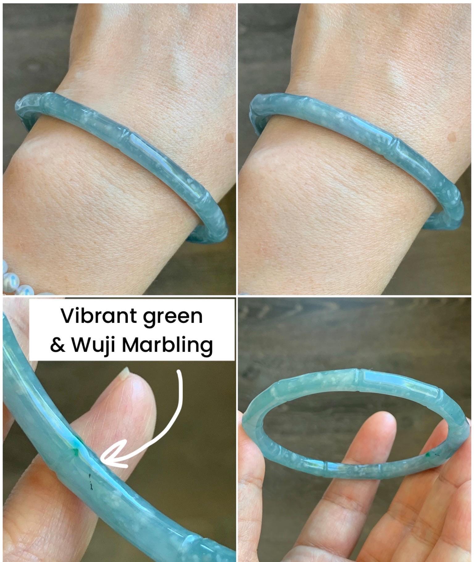 Certified Natural Grade A Guatemalan Icy Translucent Light Teal Blue Jade Jadeite Carved Bamboo Bangle 62.1mm 7.68” 21g 天然危浅篮翡翠竹节手镯 8754