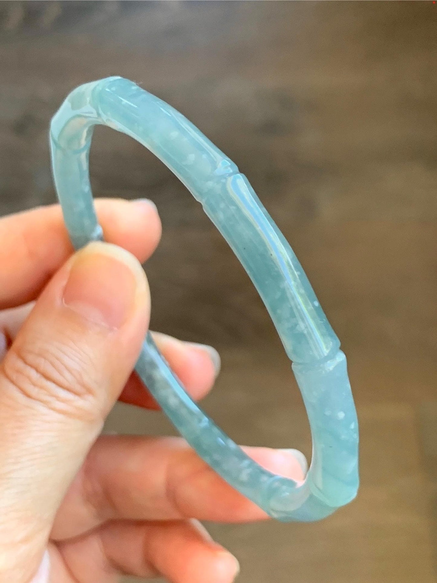 Certified Natural Grade A Guatemalan Icy Translucent Light Teal Blue Jade Jadeite Carved Bamboo Bangle 62.1mm 7.68” 21g 天然危浅篮翡翠竹节手镯 8754
