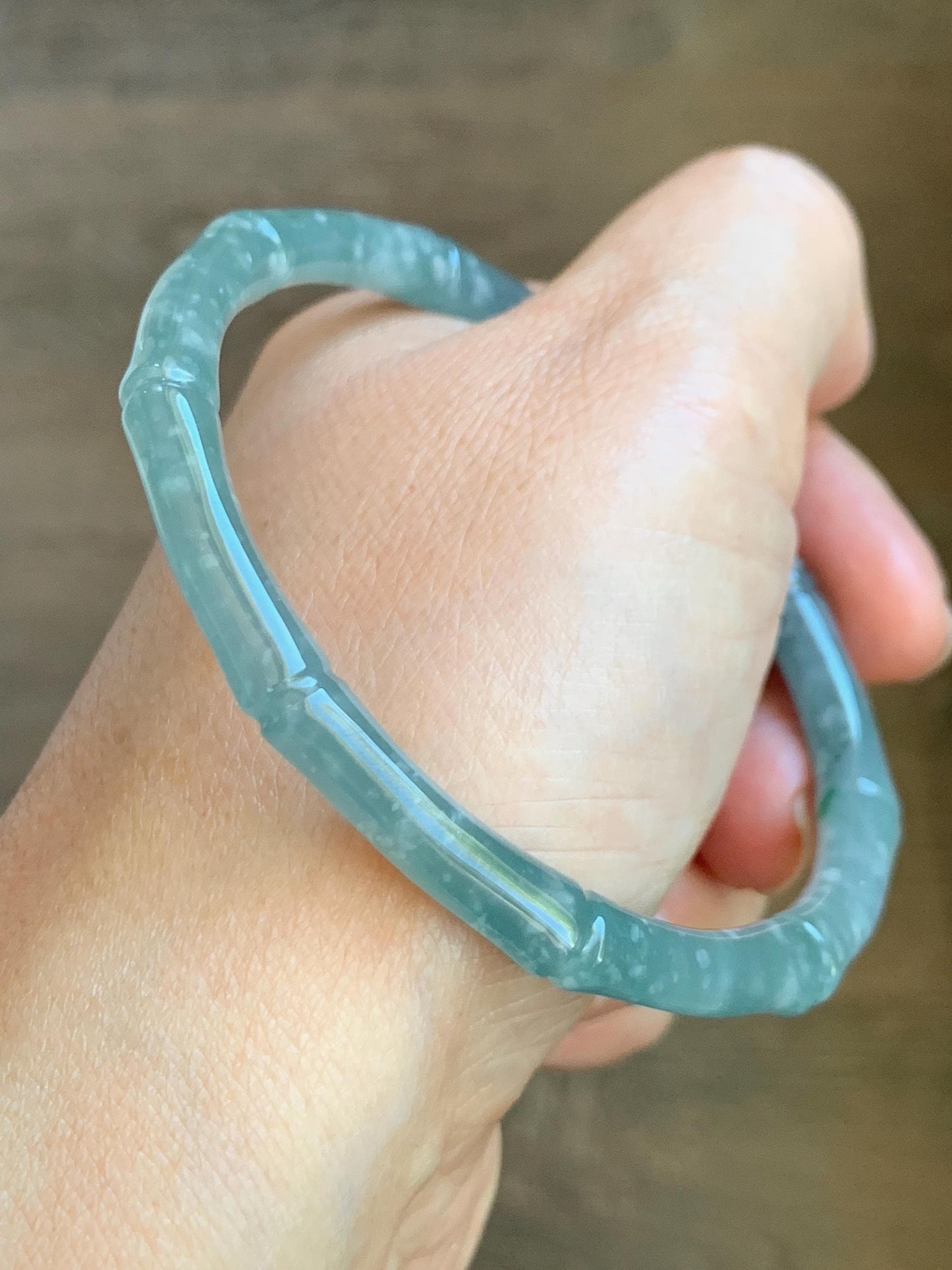 Certified Natural Grade A Guatemalan Icy Translucent Light Teal Blue Jade Jadeite Carved Bamboo Bangle 62.1mm 7.68” 21g 天然危浅篮翡翠竹节手镯 8754