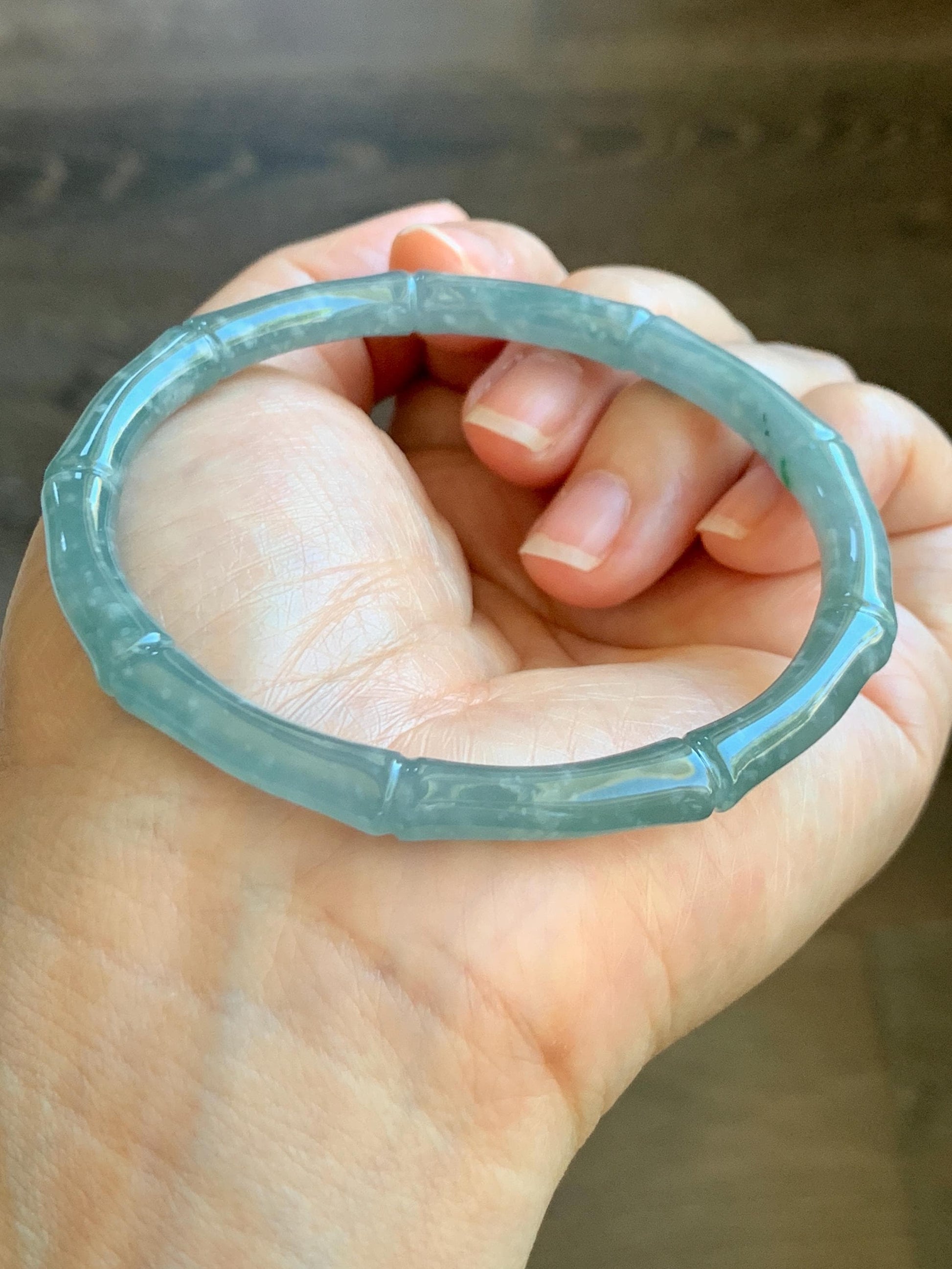 Certified Natural Grade A Guatemalan Icy Translucent Light Teal Blue Jade Jadeite Carved Bamboo Bangle 62.1mm 7.68” 21g 天然危浅篮翡翠竹节手镯 8754