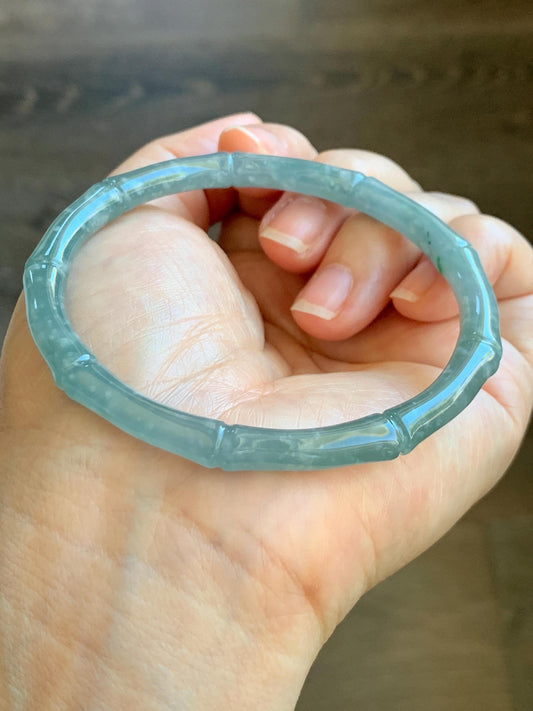 Certified Natural Grade A Guatemalan Icy Translucent Light Teal Blue Jade Jadeite Carved Bamboo Bangle 62.1mm 7.68” 21g 天然危浅篮翡翠竹节手镯 8754
