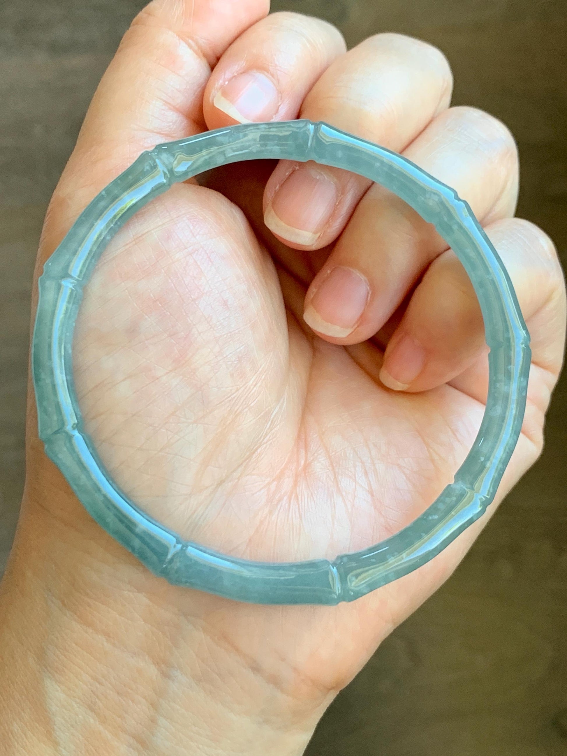 Certified Natural Grade A Guatemalan Icy Translucent Light Blue Jade Jadeite Carved Slim Bamboo Bangle 62.1mm 7.68” 17.87g 天然危浅篮翡翠竹节手镯 8796