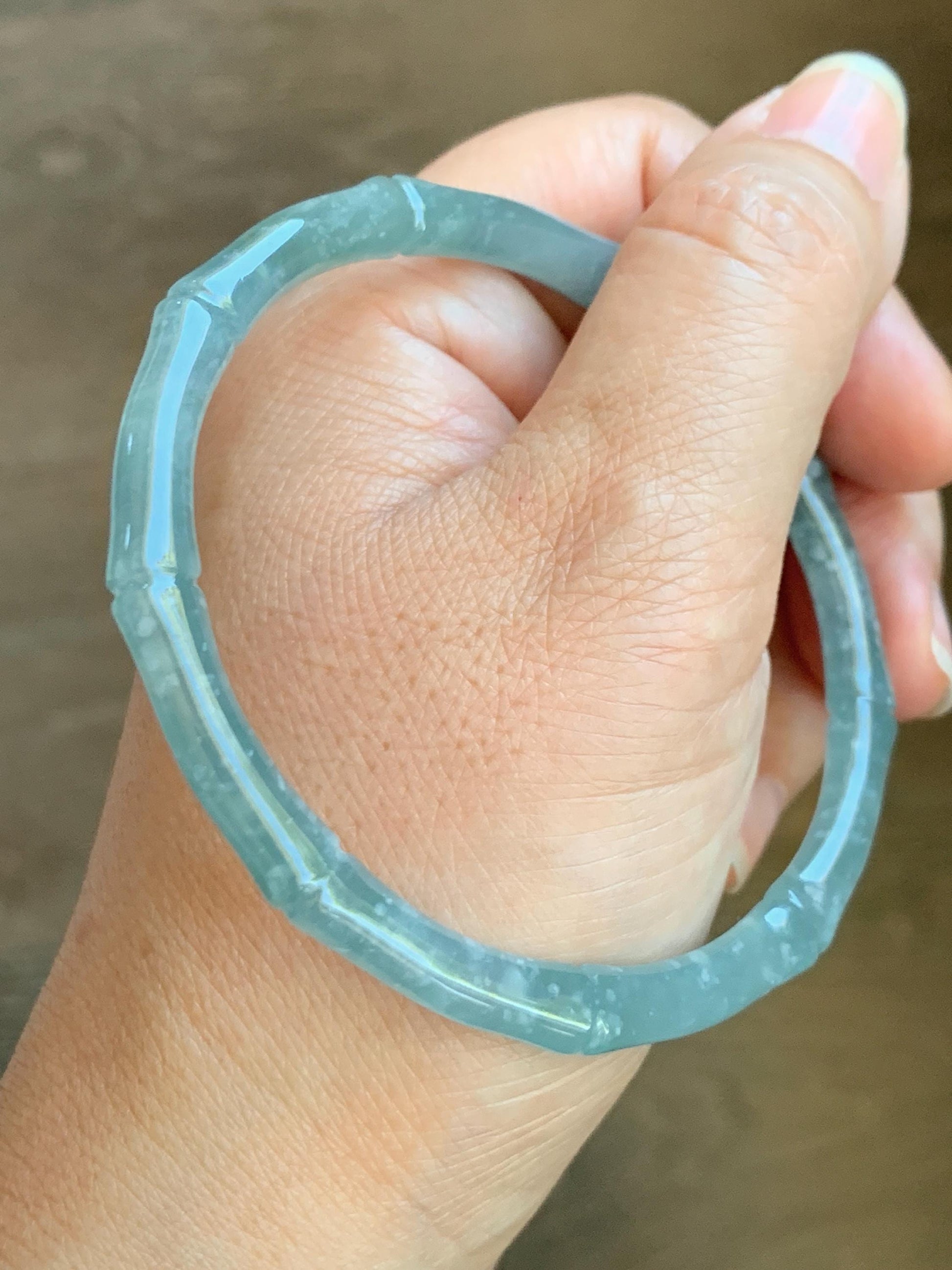 Certified Natural Grade A Guatemalan Icy Translucent Light Blue Jade Jadeite Carved Slim Bamboo Bangle 62.1mm 7.68” 17.87g 天然危浅篮翡翠竹节手镯 8796
