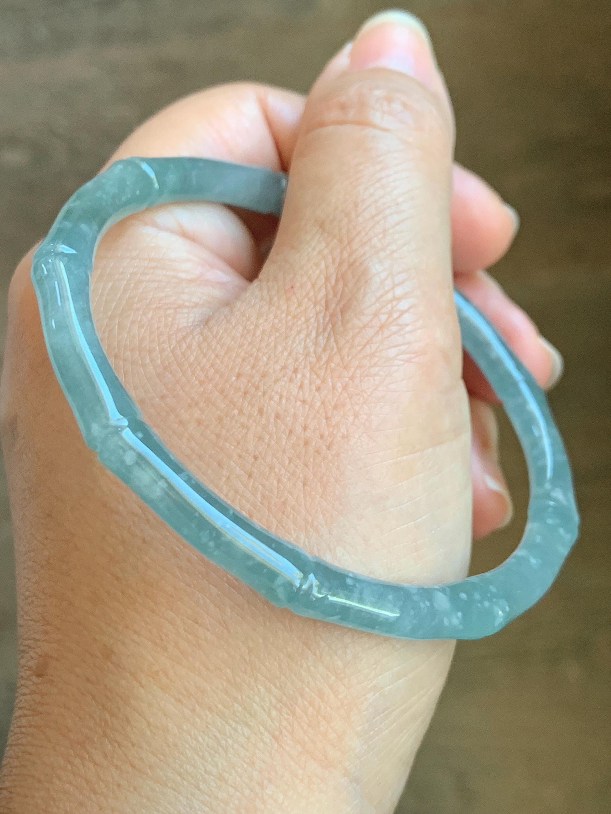 Certified Natural Grade A Guatemalan Icy Translucent Light Blue Jade Jadeite Carved Slim Bamboo Bangle 62.1mm 7.68” 17.87g 天然危浅篮翡翠竹节手镯 8796
