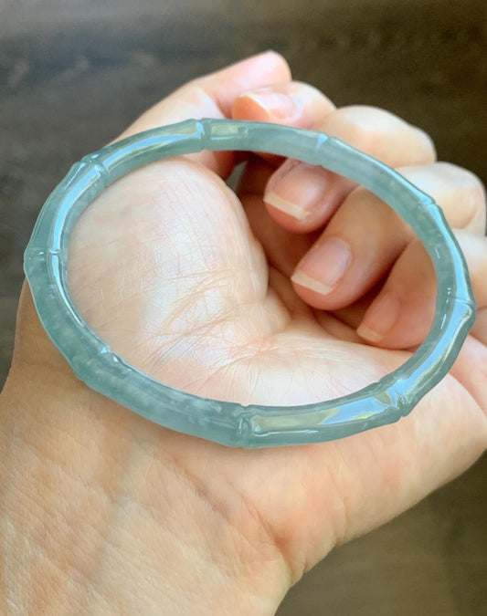 Certified Natural Grade A Guatemalan Icy Translucent Light Blue Jade Jadeite Carved Slim Bamboo Bangle 62.1mm 7.68” 17.87g 天然危浅篮翡翠竹节手镯 8796