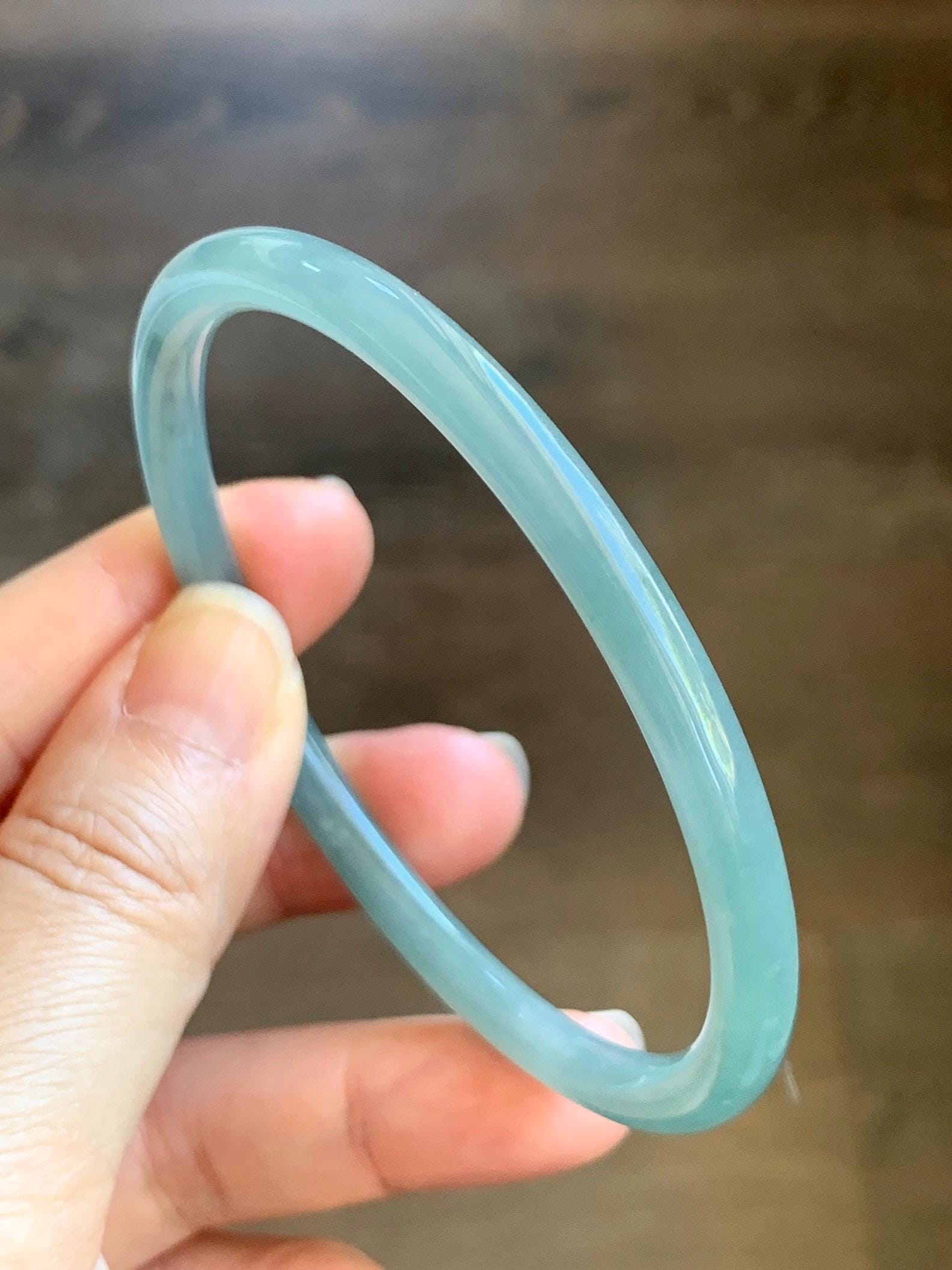 Certified Natural Grade A Guatemalan Icy Translucent Dusty Teal Blue Jade Jadeite Slim Bangle 62.5mm 7.72” 8791 天然冰胶危暗蓝翡翠细圆条手镯 8791