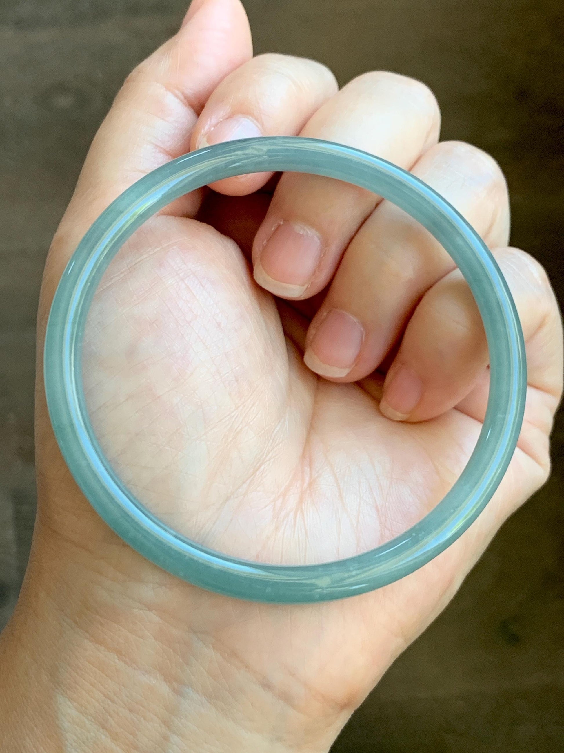 Certified Natural Grade A Guatemalan Icy Translucent Dusty Teal Blue Jade Jadeite Slim Bangle 62.5mm 7.72” 8791 天然冰胶危暗蓝翡翠细圆条手镯 8791