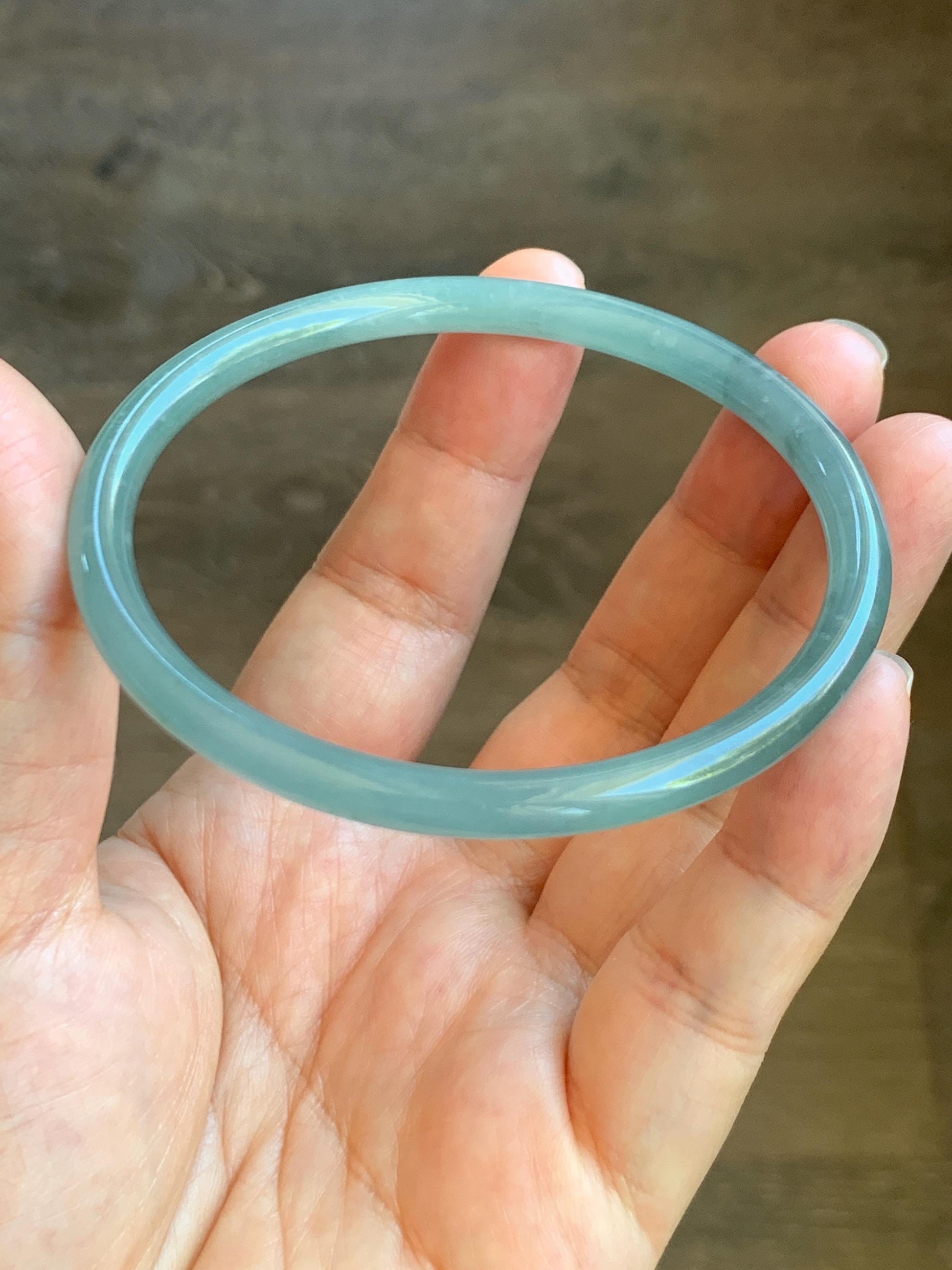 Certified Natural Grade A Guatemalan Icy Translucent Dusty Teal Blue Jade Jadeite Slim Bangle 62.5mm 7.72” 8791 天然冰胶危暗蓝翡翠细圆条手镯 8791