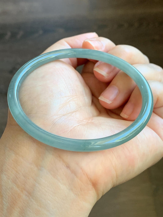 Certified Natural Grade A Guatemalan Icy Translucent Dusty Teal Blue Jade Jadeite Slim Bangle 62.5mm 7.72” 8791 天然冰胶危暗蓝翡翠细圆条手镯 8791