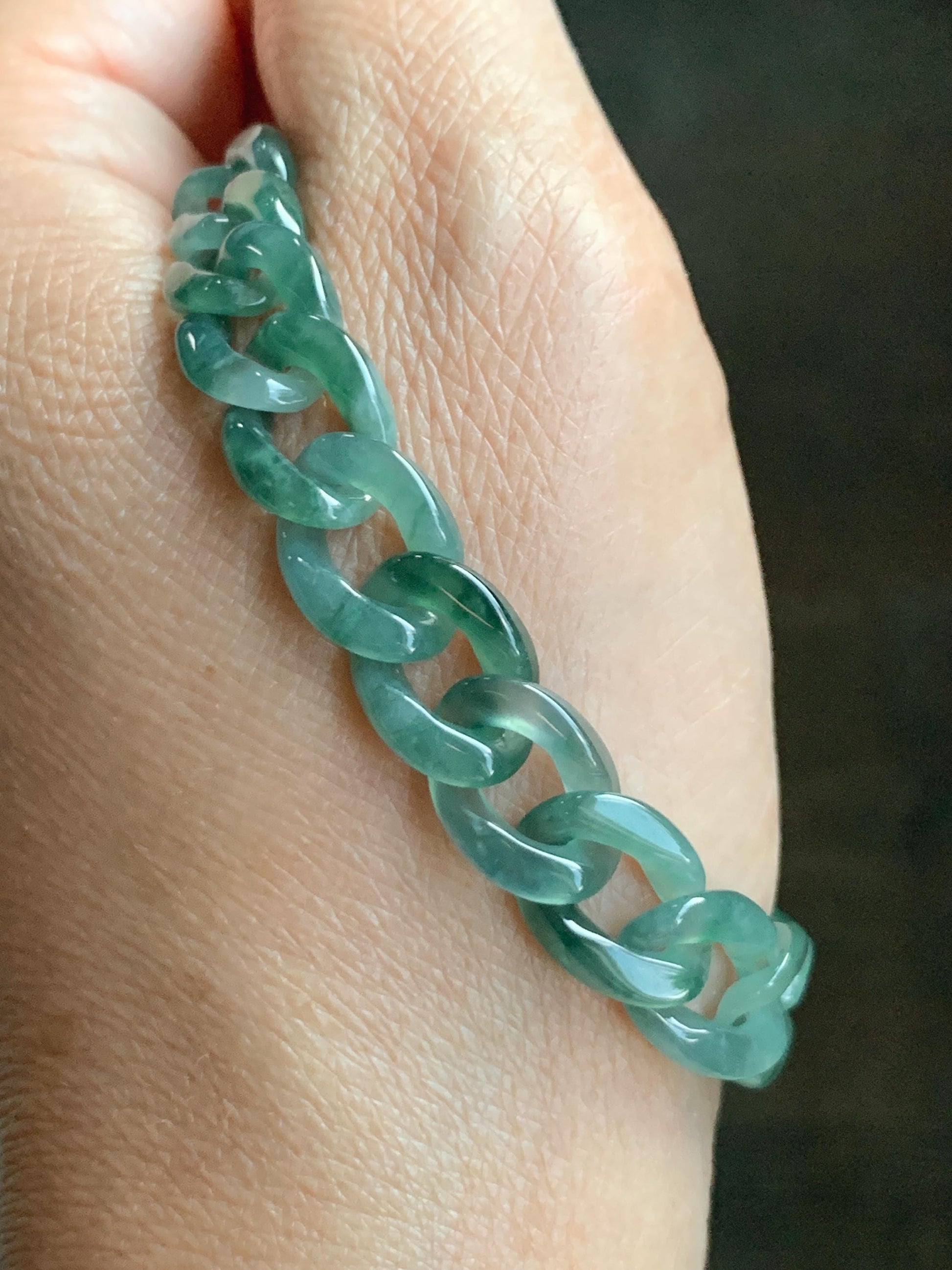 Natural Grade A Guatemalan Icy Translucent Light Green Jade Jadeite Carved Curb Chain Bracelet Stainless Steel 7” 12g 天然冰胶危浅绿翡翠链手链 CBW108