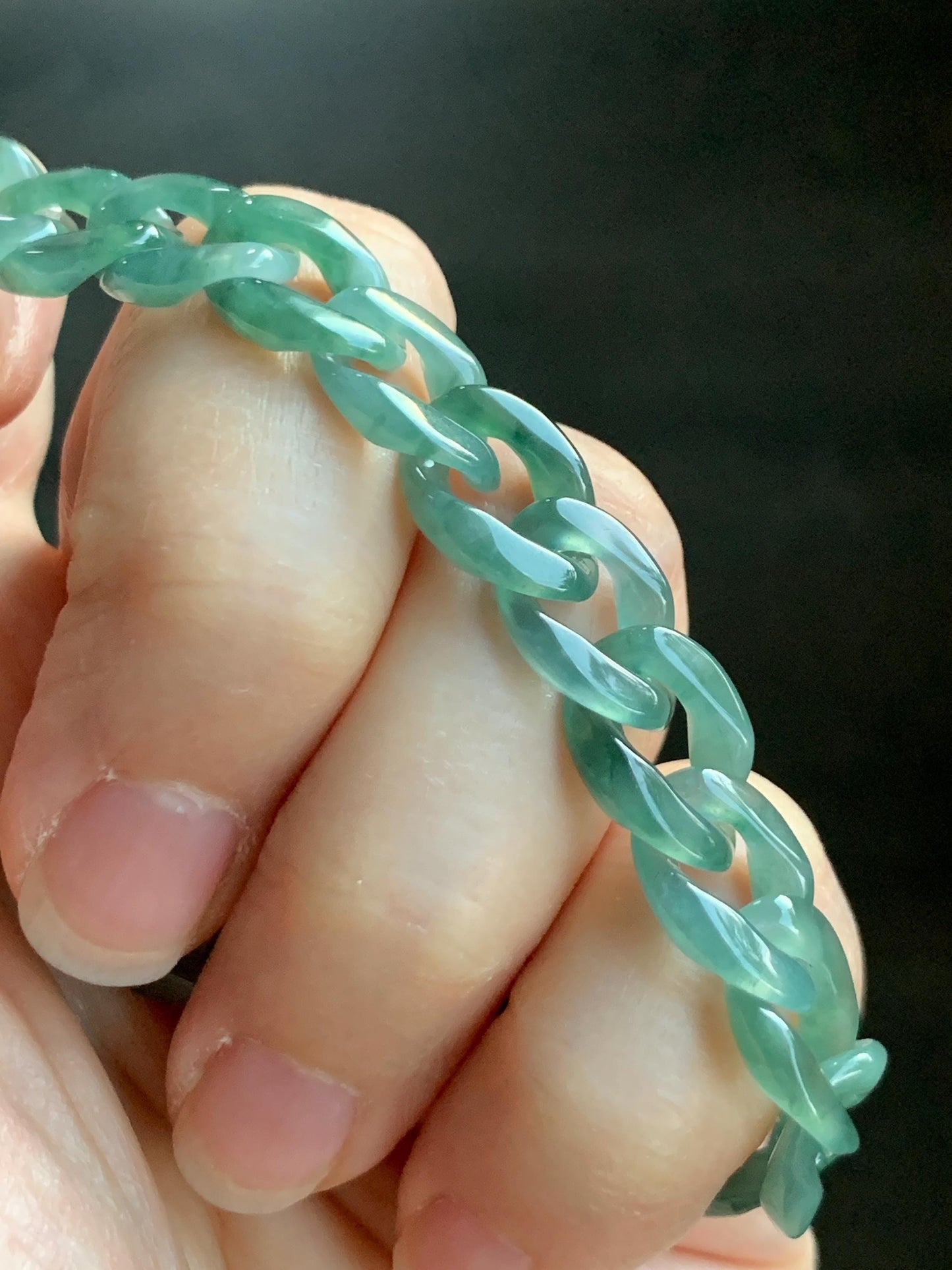 Natural Grade A Guatemalan Icy Translucent Light Green Jade Jadeite Carved Curb Chain Bracelet Stainless Steel 7” 12g 天然冰胶危浅绿翡翠链手链 CBW108
