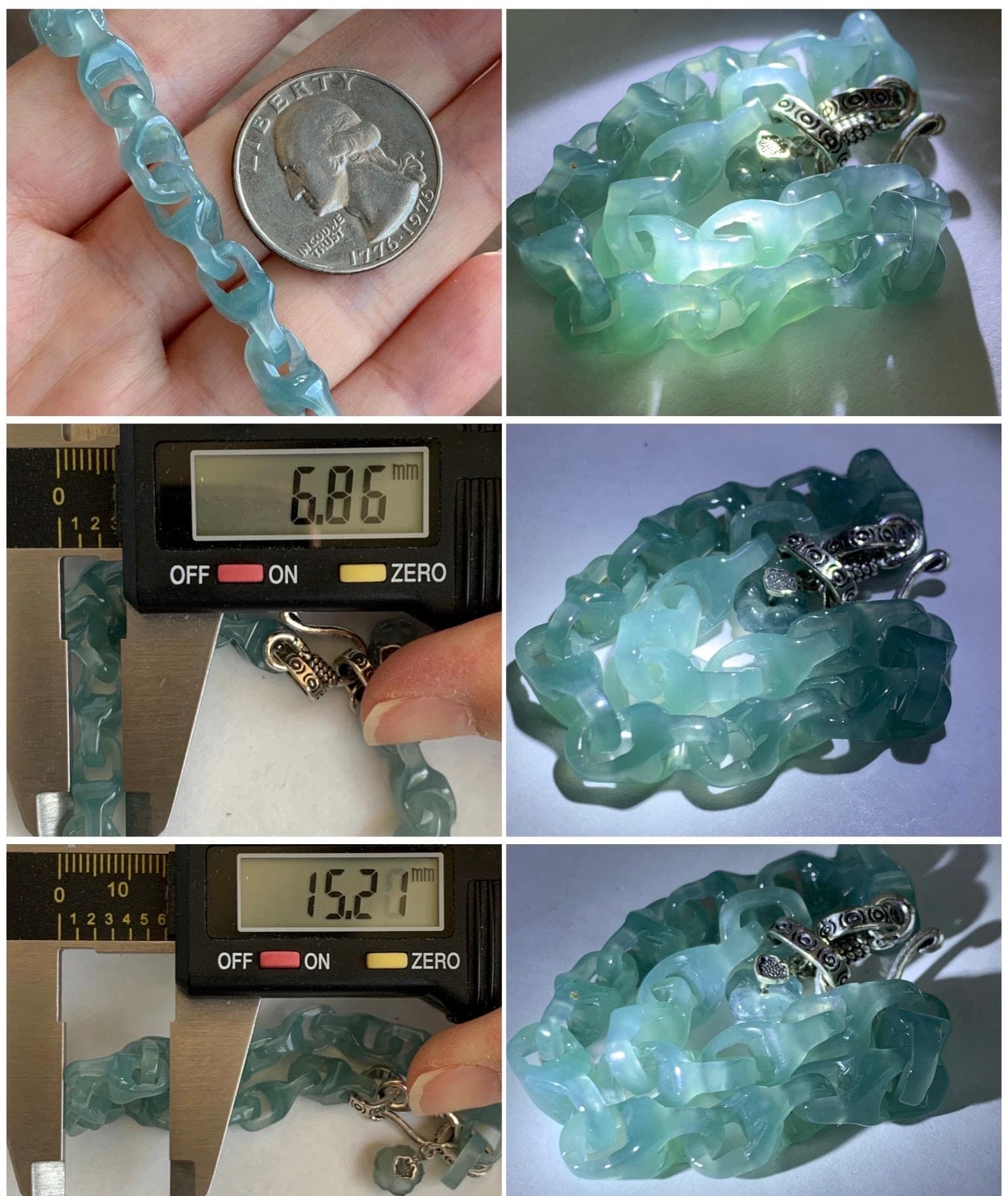 Natural Guatemalan Icy Teal Jade Jadeite Carved Interlocking Dragon Bone Chain Bracelet Sterling Silver Adjustable 天然冰胶危起光翡翠龙骨链 QWL550