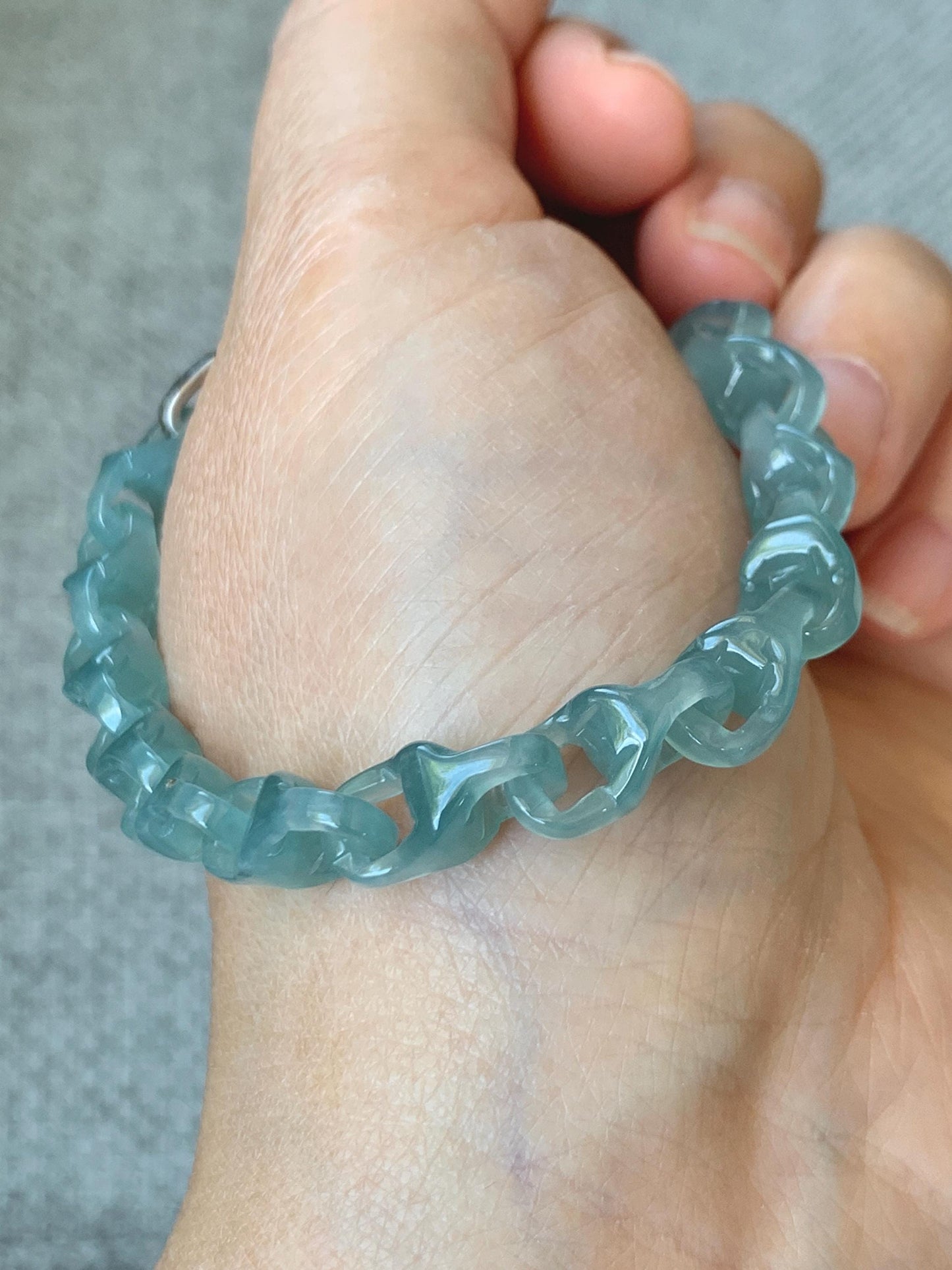 Natural Guatemalan Icy Teal Jade Jadeite Carved Interlocking Dragon Bone Chain Bracelet Sterling Silver Adjustable 天然冰胶危起光翡翠龙骨链 QWL550