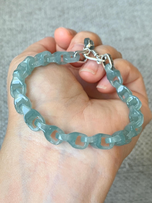 Natural Guatemalan Icy Teal Jade Jadeite Carved Interlocking Dragon Bone Chain Bracelet Sterling Silver Adjustable 天然冰胶危起光翡翠龙骨链 QWL550