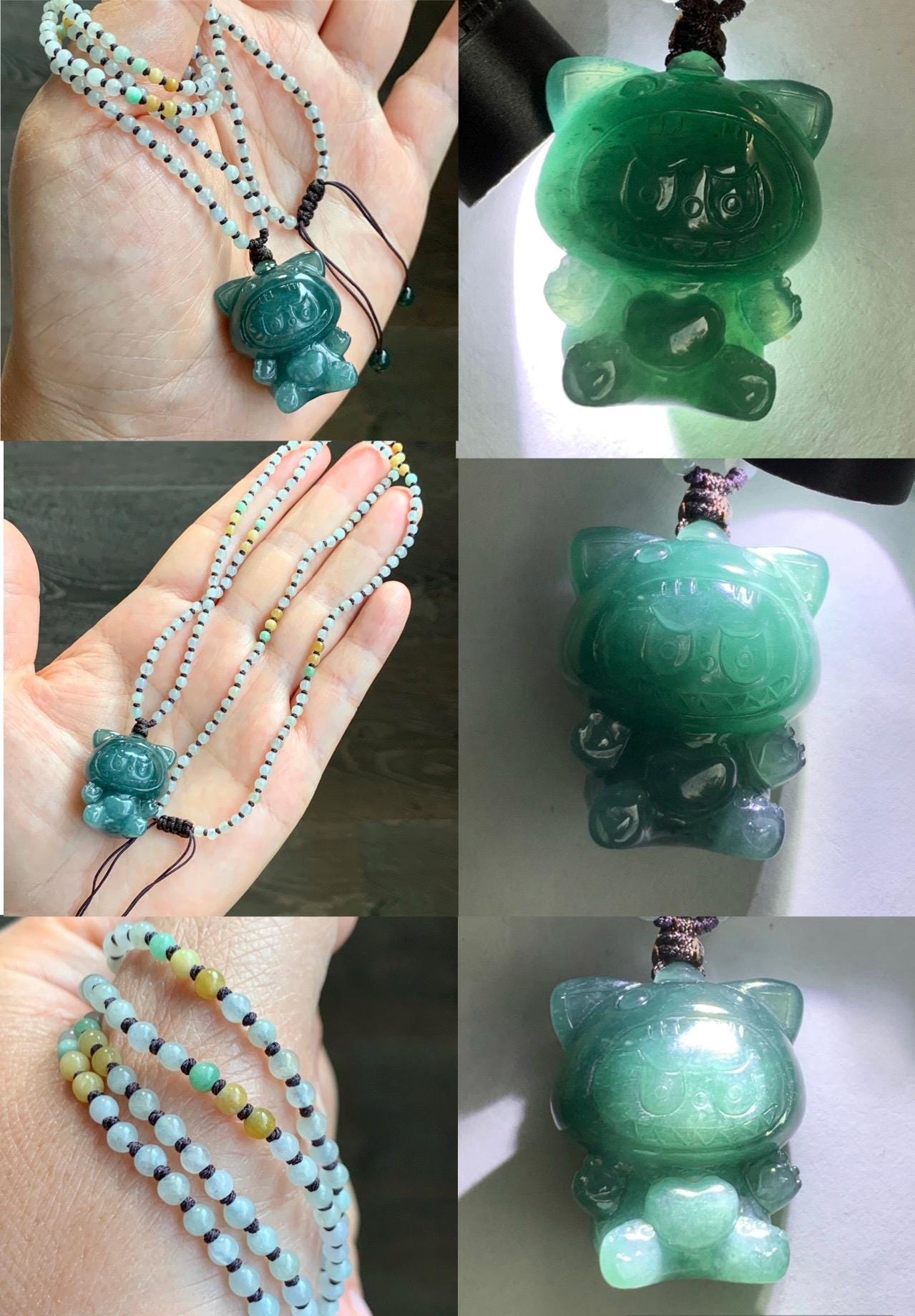 Natural Grade A Guatemalan Icy Translucent Dark Teal Blue Jade Jadeite Carved Monster Doll Pendant Beaded Necklace 23.5” 天然冰危深蓝绿翡翠吊坠 LBB138