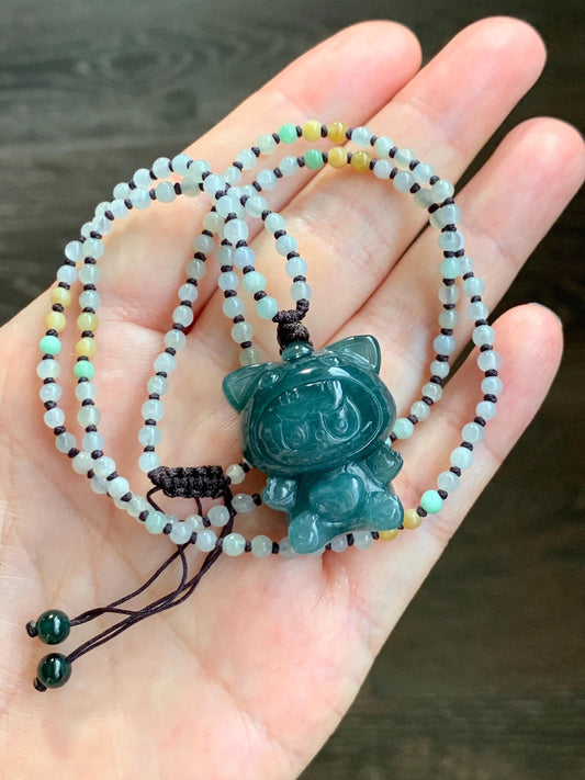 Natural Grade A Guatemalan Icy Translucent Dark Teal Blue Jade Jadeite Carved Monster Doll Pendant Beaded Necklace 23.5” 天然冰危深蓝绿翡翠吊坠 LBB138