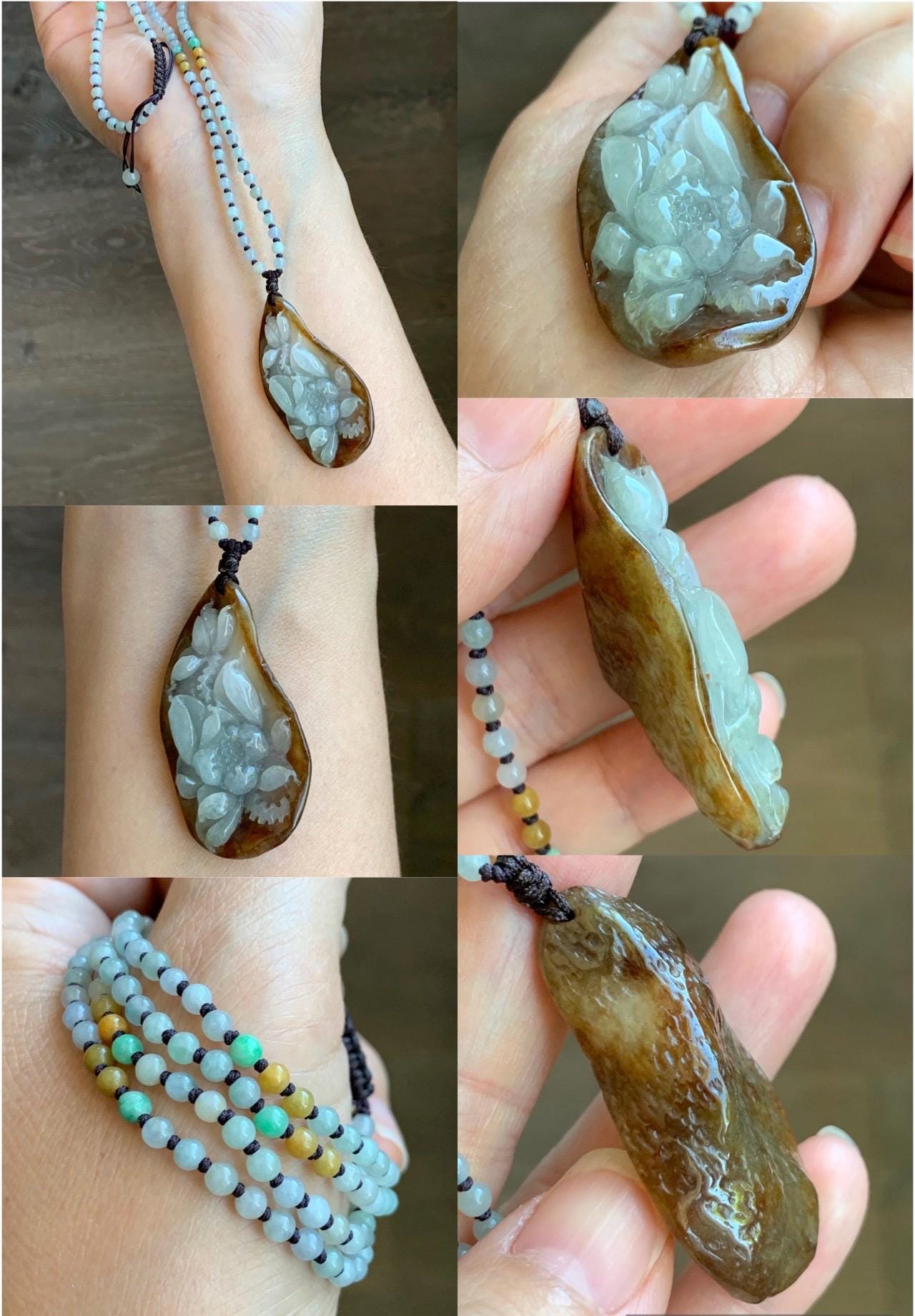 Natural Grade A Icy Translucent Bicolored Jade Jadeite Carved Lotus Flower Pendant Multicolored Beaded Necklace 22-25” 天然冰胶油黄皮翡翠莲花牌项链 HPL325