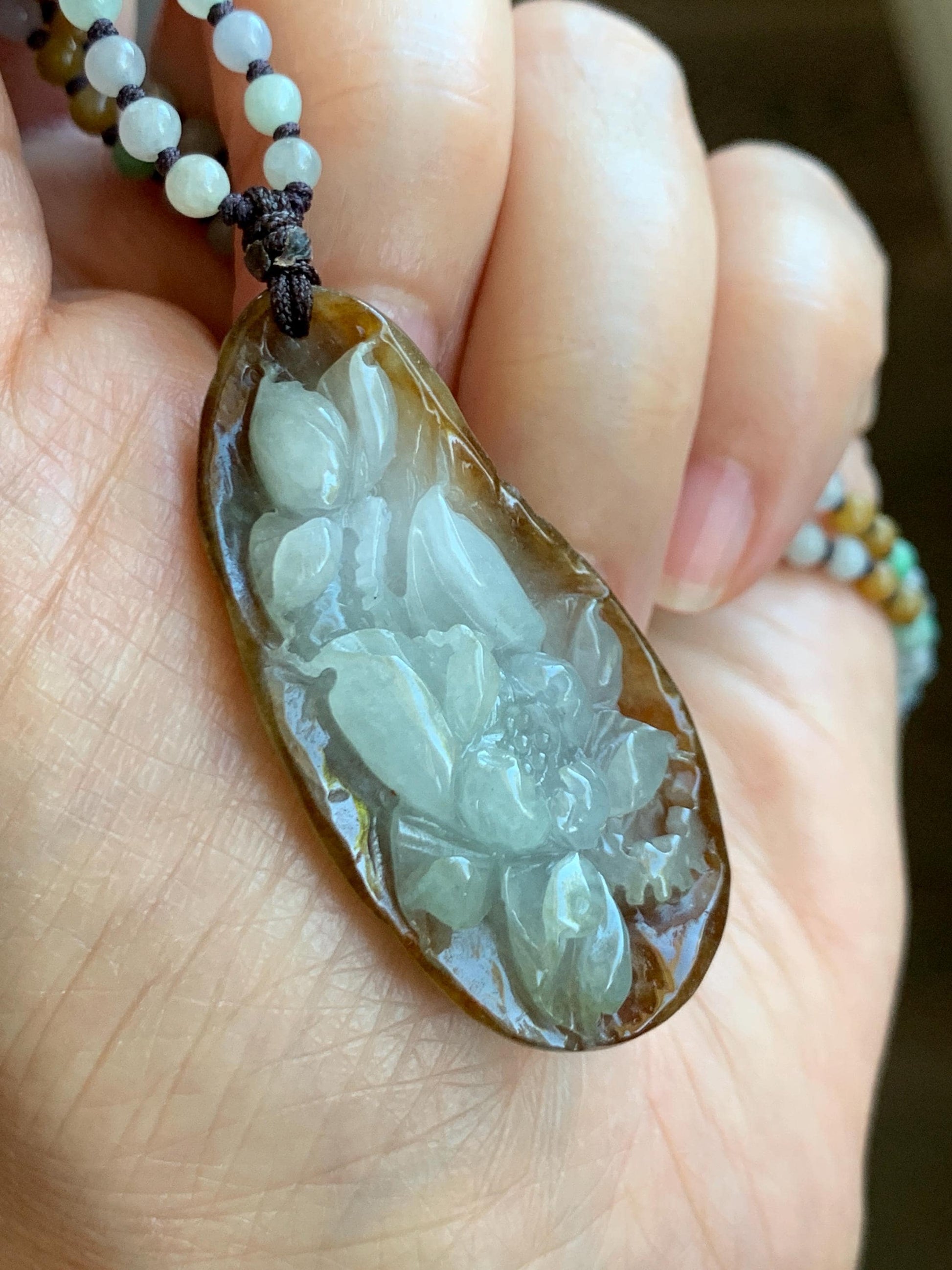 Natural Grade A Icy Translucent Bicolored Jade Jadeite Carved Lotus Flower Pendant Multicolored Beaded Necklace 22-25” 天然冰胶油黄皮翡翠莲花牌项链 HPL325
