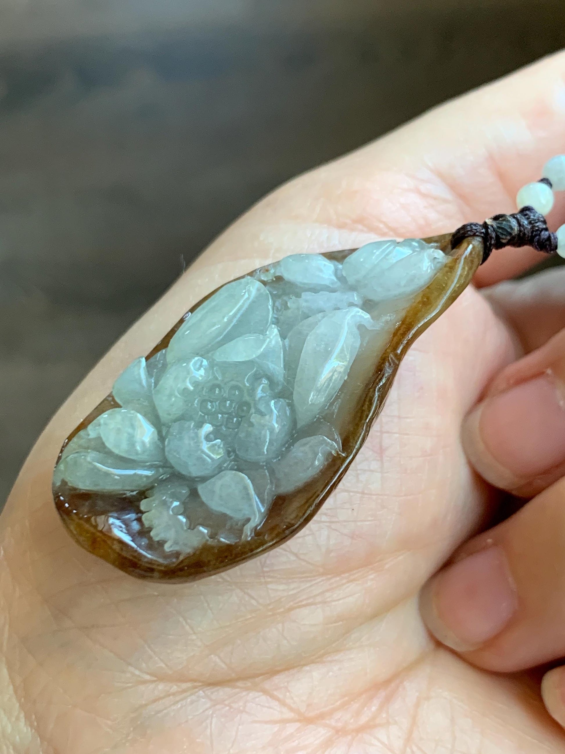 Natural Grade A Icy Translucent Bicolored Jade Jadeite Carved Lotus Flower Pendant Multicolored Beaded Necklace 22-25” 天然冰胶油黄皮翡翠莲花牌项链 HPL325