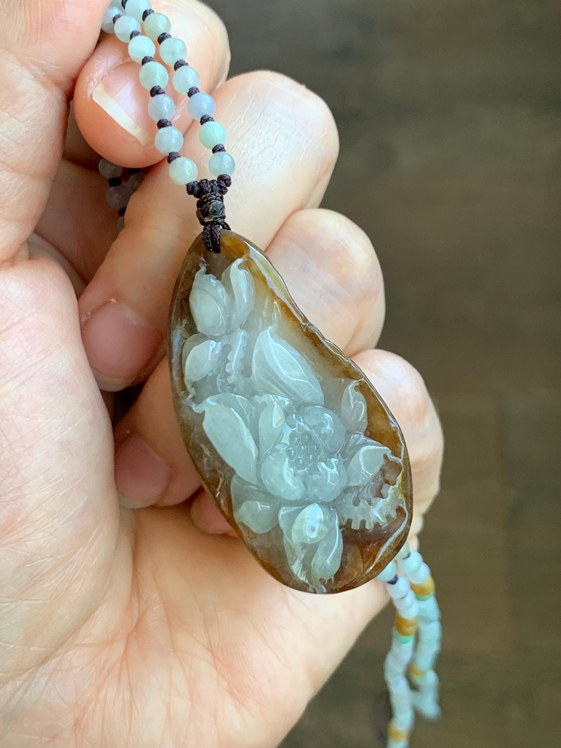 Natural Grade A Icy Translucent Bicolored Jade Jadeite Carved Lotus Flower Pendant Multicolored Beaded Necklace 22-25” 天然冰胶油黄皮翡翠莲花牌项链 HPL325