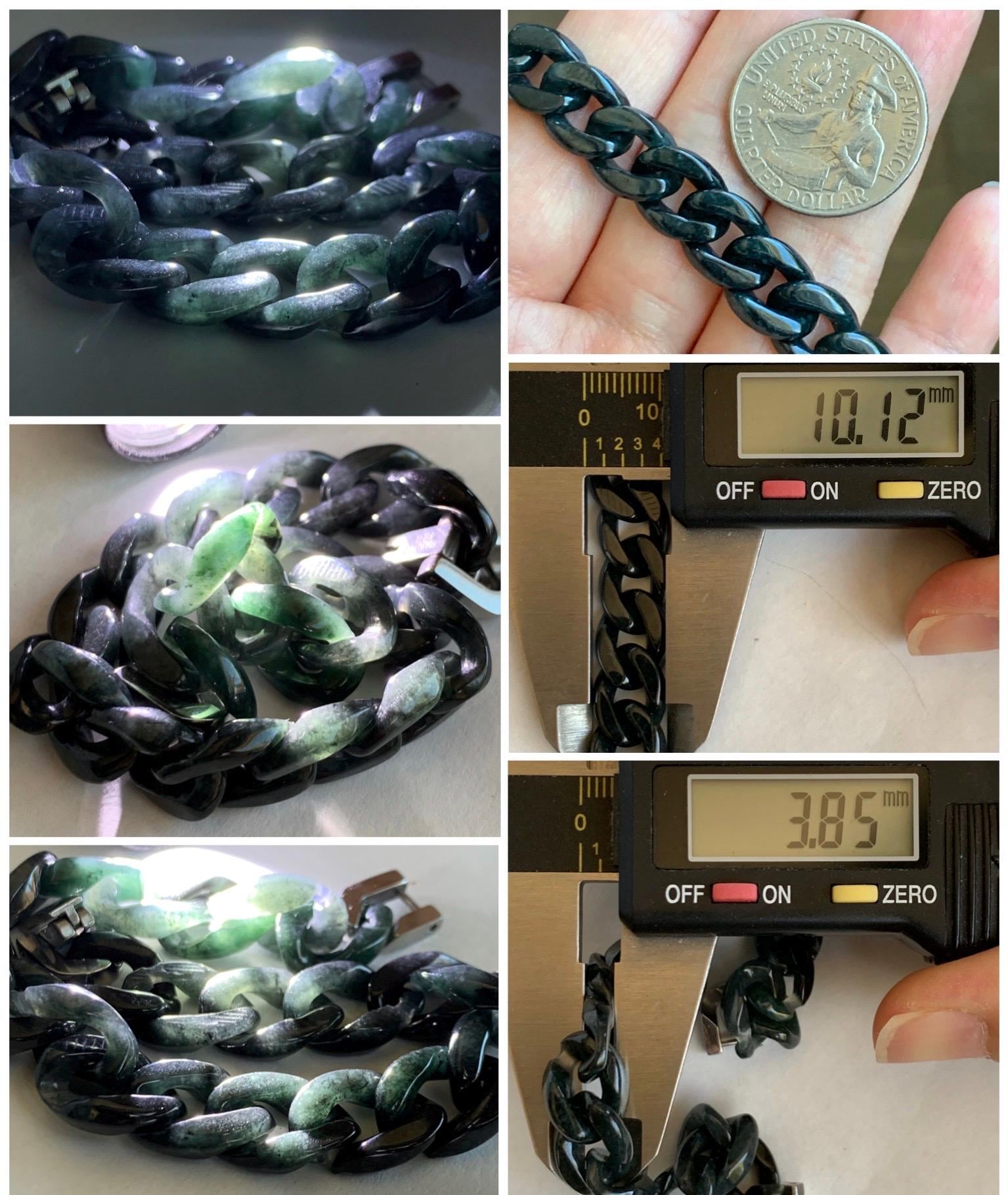 Natural Grade A Guatemalan Icy Translucent Wuji Jade Jadeite Carved Curb Chain Bracelet Stainless Steel 7.25” 15g 天然冰胶危乌鸡翡翠链手链 CBW108B