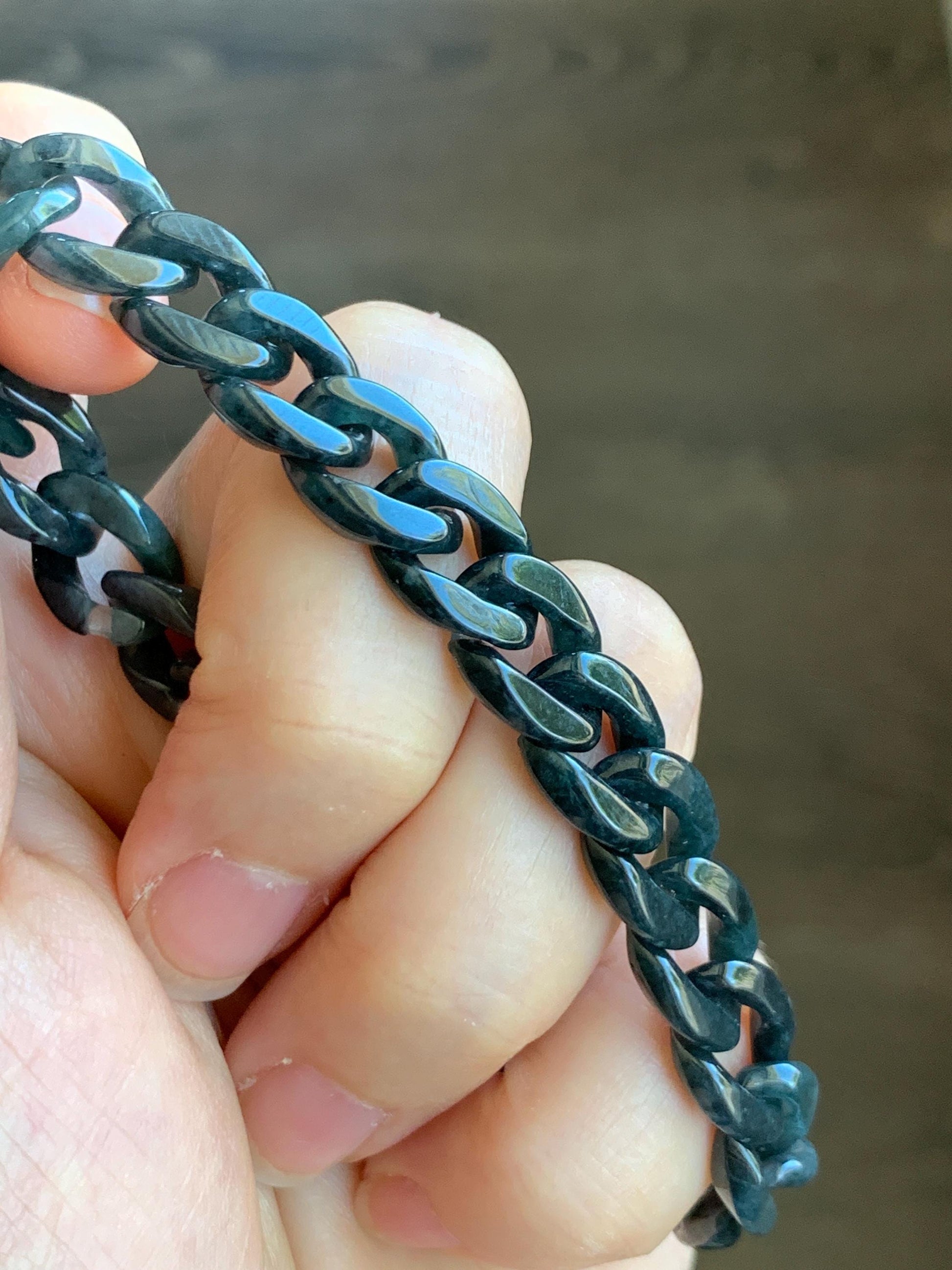 Natural Grade A Guatemalan Icy Translucent Wuji Jade Jadeite Carved Curb Chain Bracelet Stainless Steel 7.25” 15g 天然冰胶危乌鸡翡翠链手链 CBW108B
