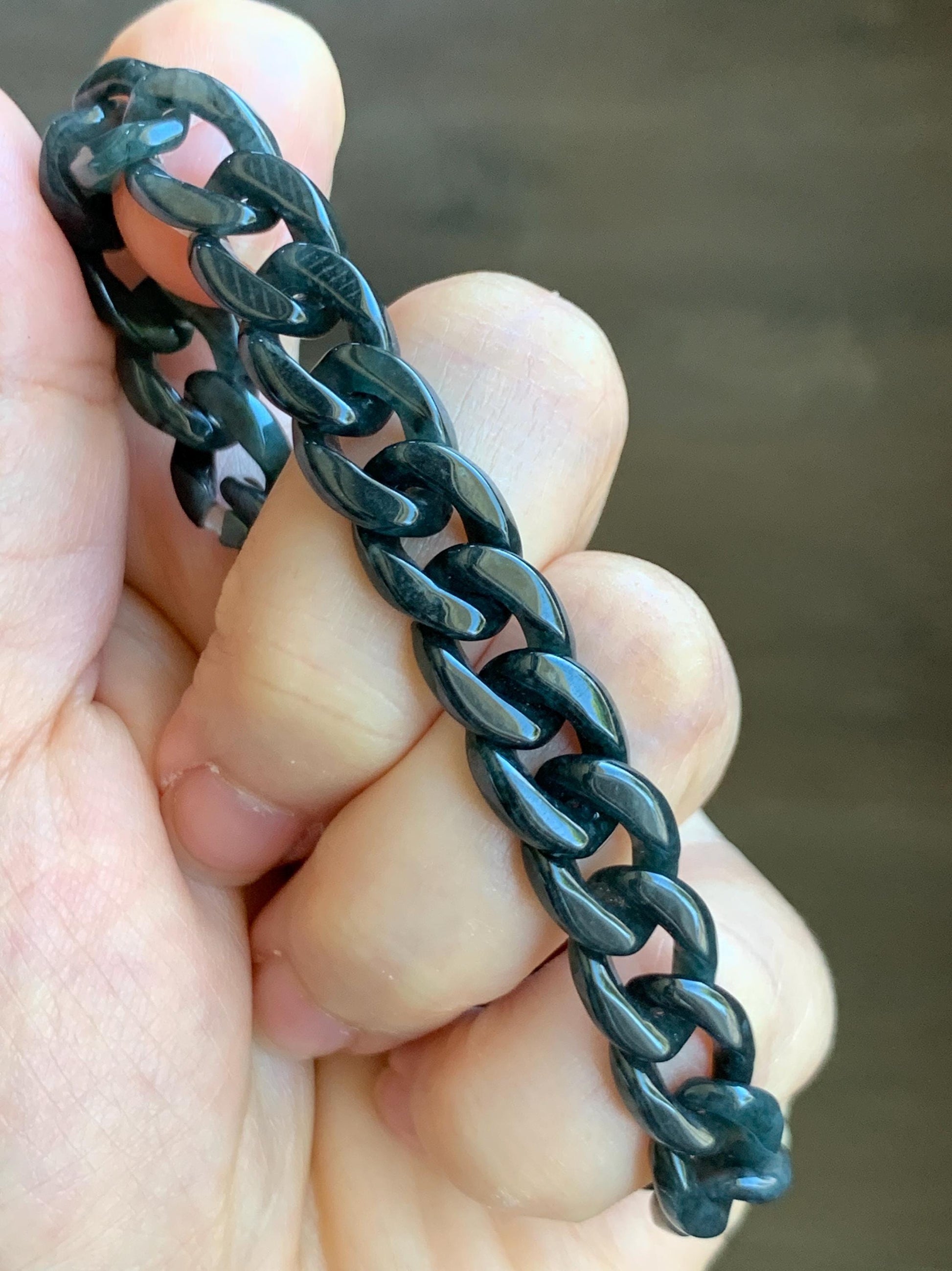 Natural Grade A Guatemalan Icy Translucent Wuji Jade Jadeite Carved Curb Chain Bracelet Stainless Steel 7.25” 15g 天然冰胶危乌鸡翡翠链手链 CBW108B