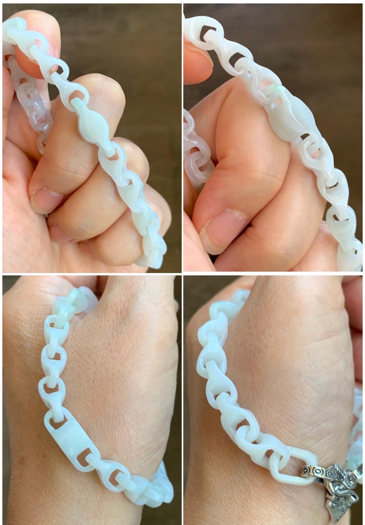 Natural Grade A Icy Translucent White Jade Jadeite Carved Interlockkng Dragon Bone Chain Bracelet Sterling Silver 8.5” 天然白冰翡翠龙骨链环环相扣手链 BFG