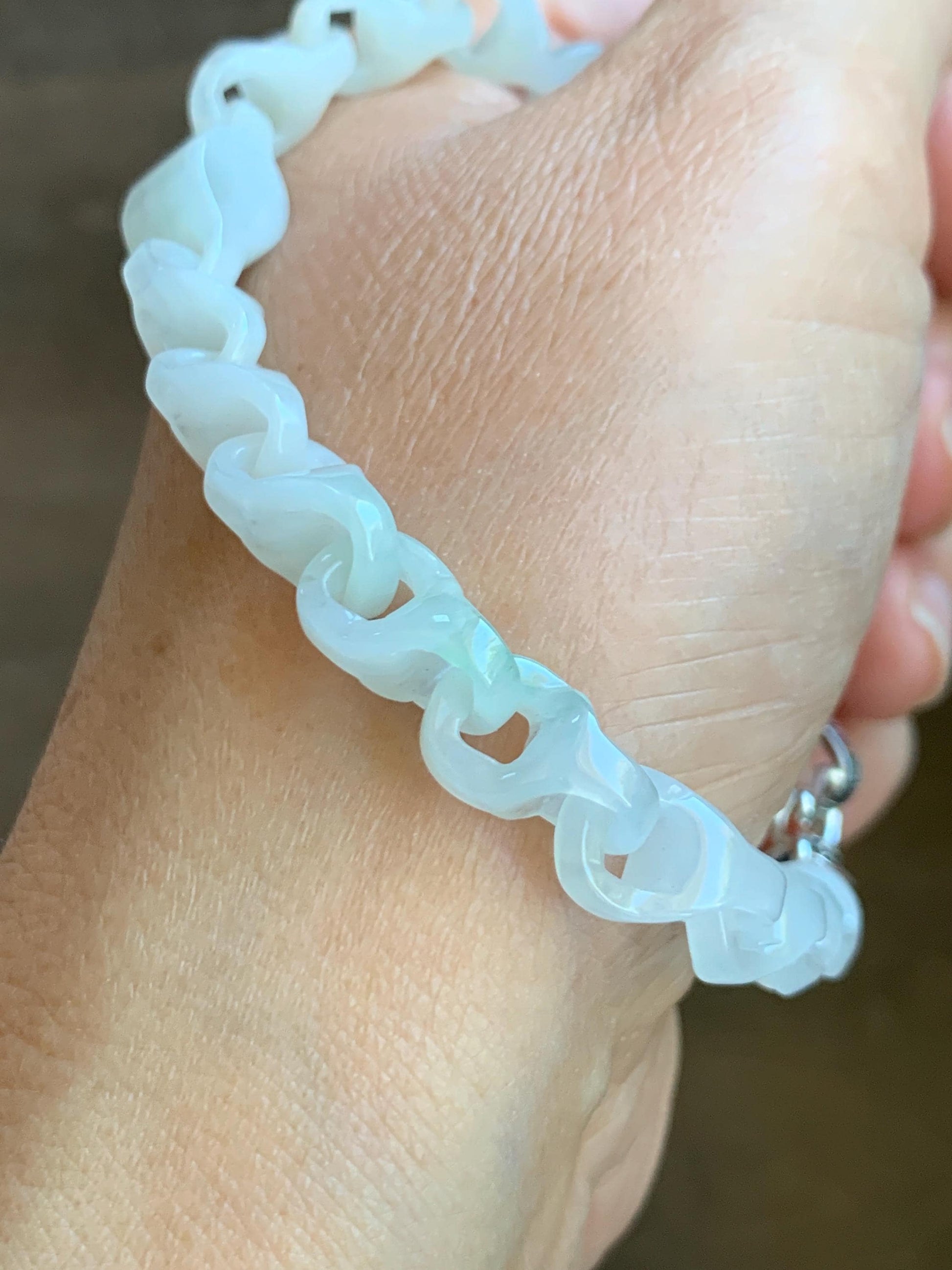 Natural Grade A Icy Translucent White Jade Jadeite Carved Interlockkng Dragon Bone Chain Bracelet Sterling Silver 8.5” 天然白冰翡翠龙骨链环环相扣手链 BFG