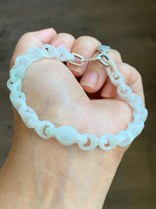 Natural Grade A Icy Translucent White Jade Jadeite Carved Interlockkng Dragon Bone Chain Bracelet Sterling Silver 8.5” 天然白冰翡翠龙骨链环环相扣手链 BFG