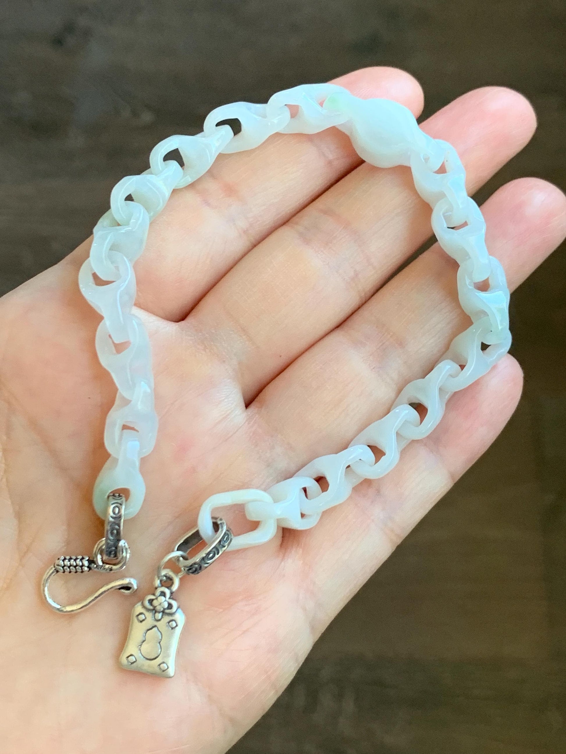 Natural Grade A Icy Translucent White Jade Jadeite Carved Interlockkng Dragon Bone Chain Bracelet Sterling Silver 8.5” 天然白冰翡翠龙骨链环环相扣手链 BFG