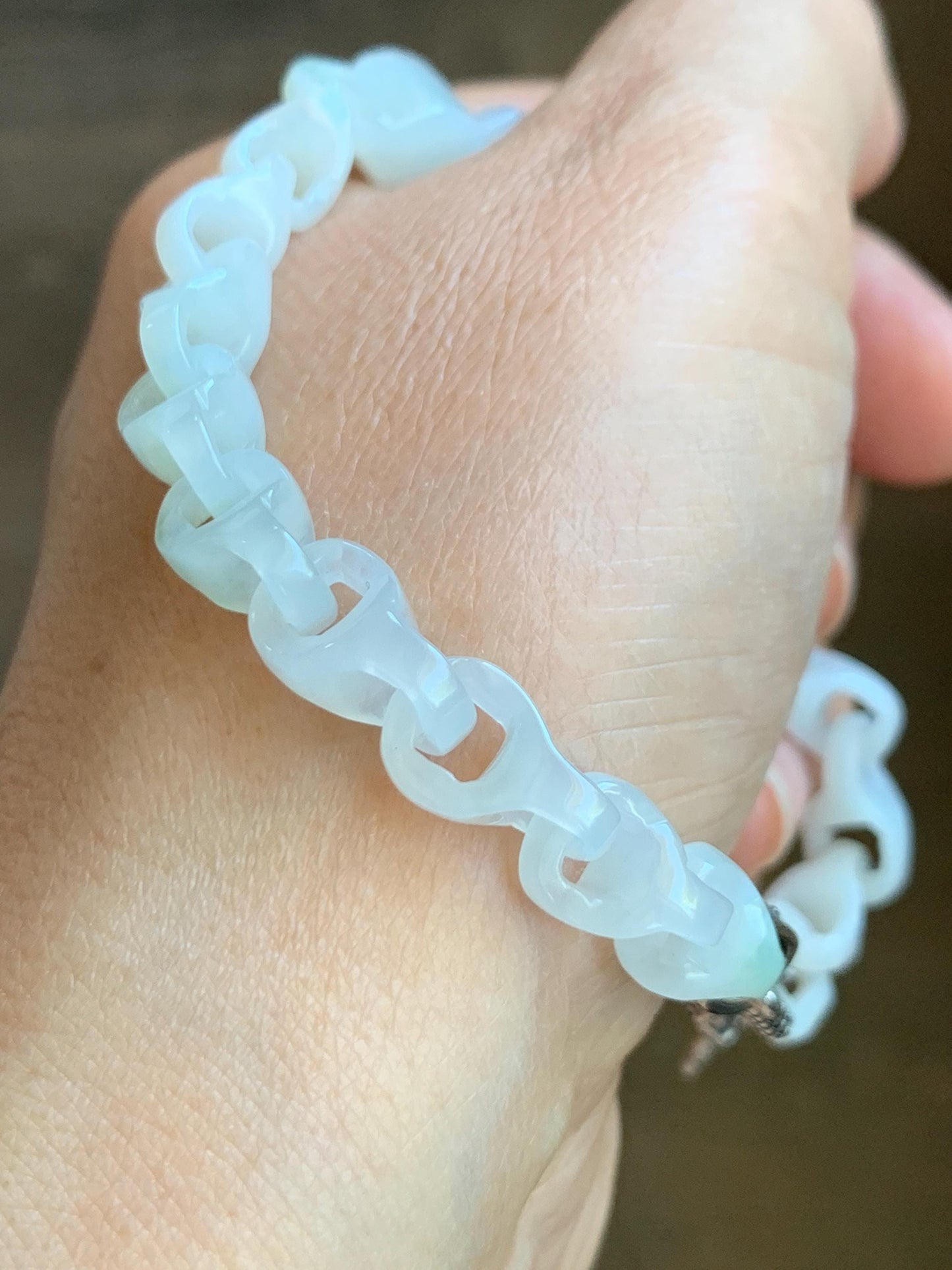 Natural Grade A Icy Translucent White Jade Jadeite Carved Interlockkng Dragon Bone Chain Bracelet Sterling Silver 8.5” 天然白冰翡翠龙骨链环环相扣手链 BFG