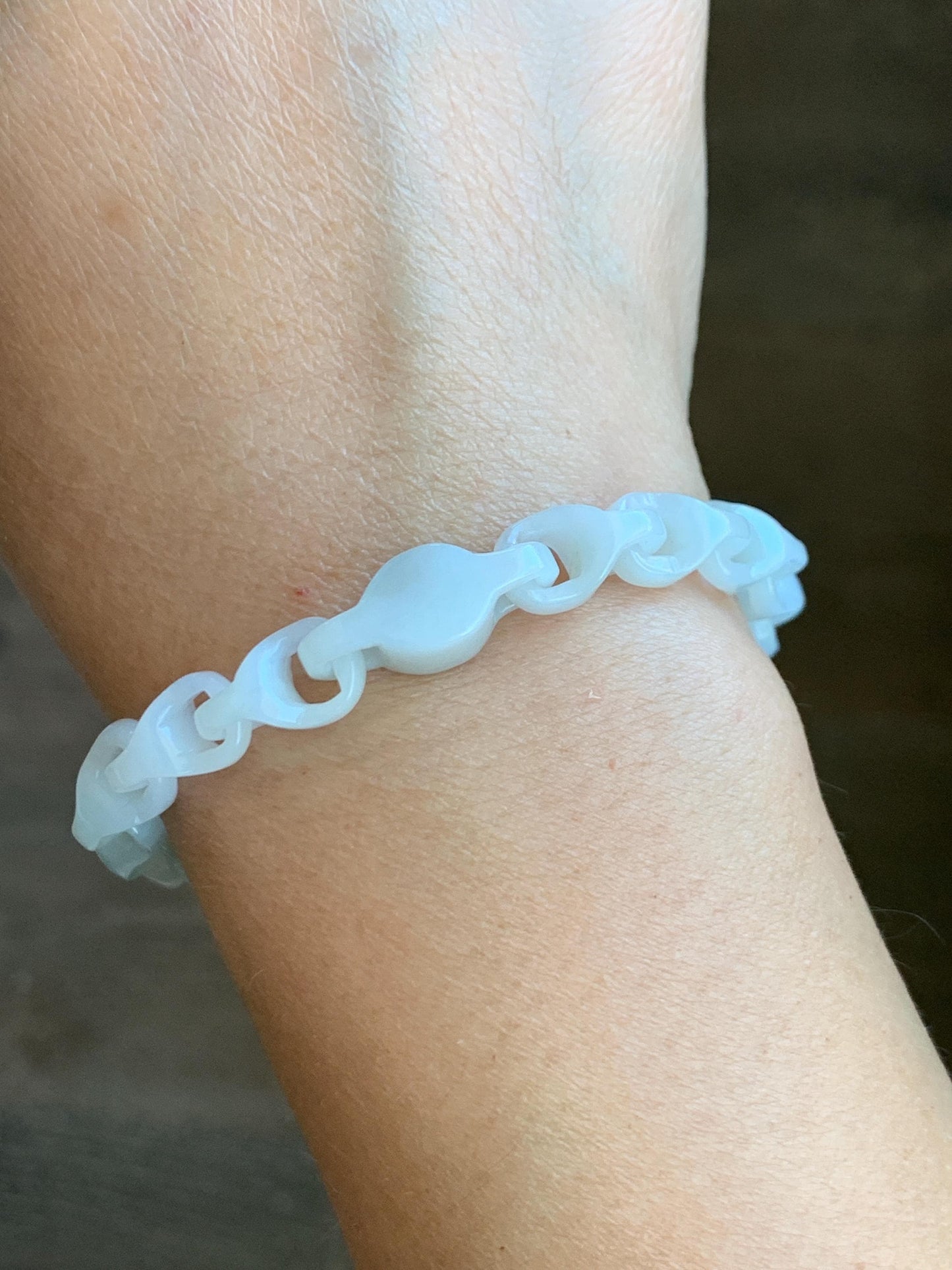 Natural Grade A Icy Translucent White Jade Jadeite Carved Interlockkng Dragon Bone Chain Bracelet Sterling Silver 8.5” 天然白冰翡翠龙骨链环环相扣手链 BFG