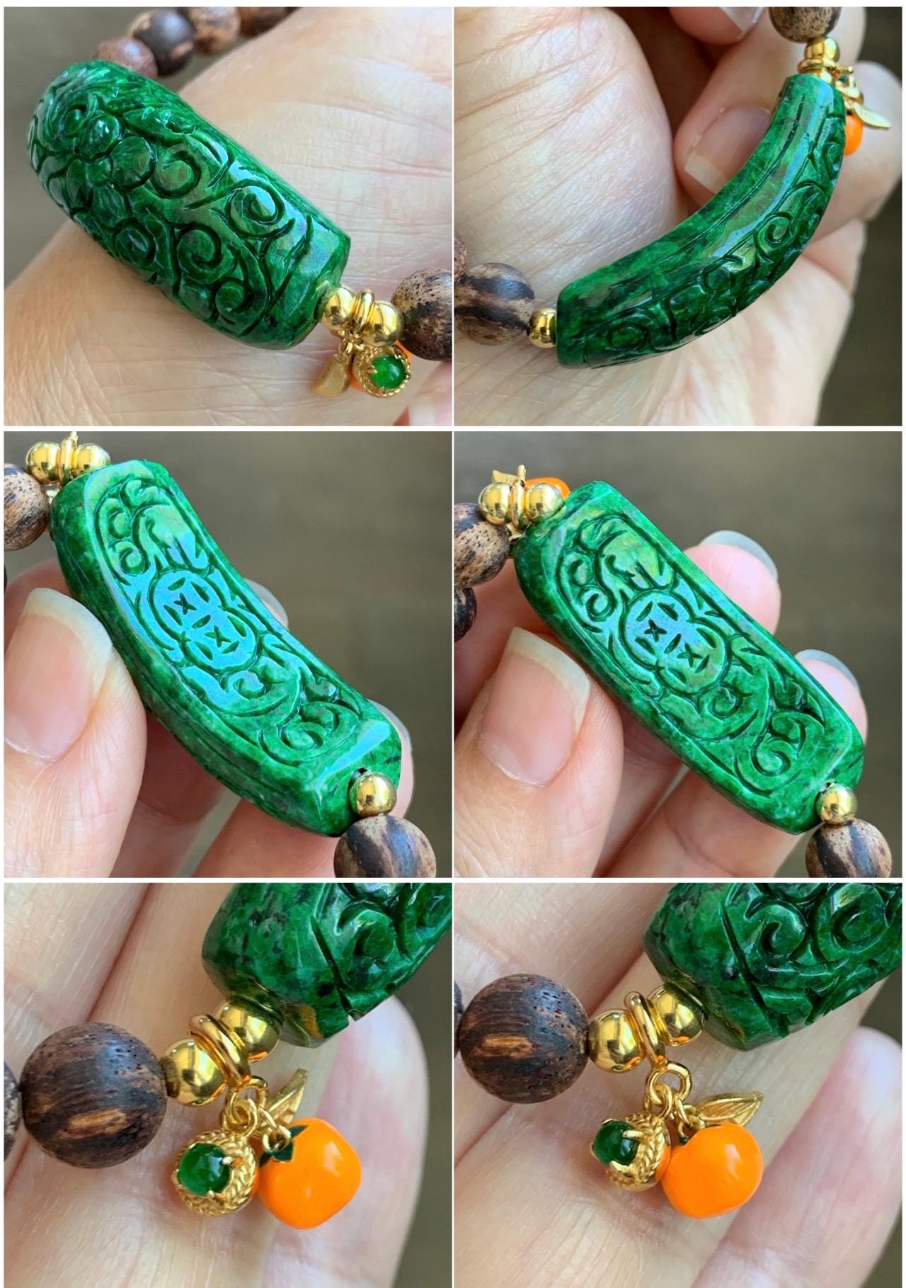 Certified Natural Grade A Vibrant Green Jadeite Engraved Cuff Wood Beads Beaded Bracelet Sterling Silver 7" 17g 天然辣绿花青翡翠仿古雕手牌降真香手串 8743