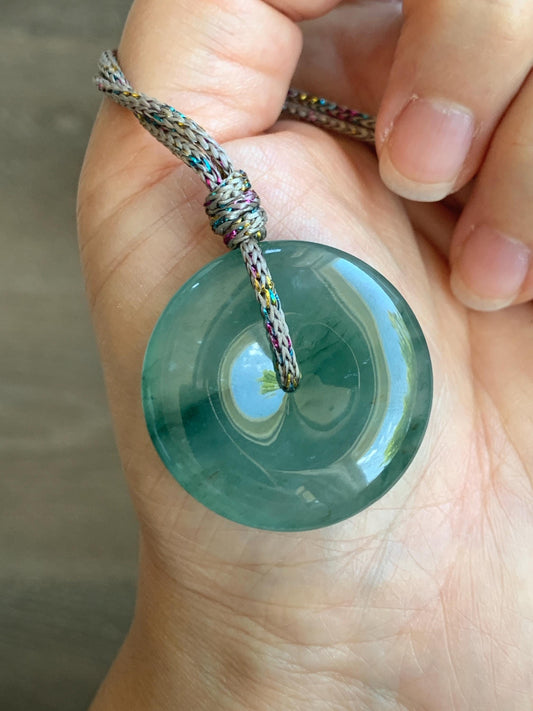 Certified Natural Grade A Guatemalan Icy Translucent Teal Green Jade Jadeite Ping An Kou Donut Pendant Rope Necklace 天然冰胶危飘花翡翠平安扣吊坠 8744