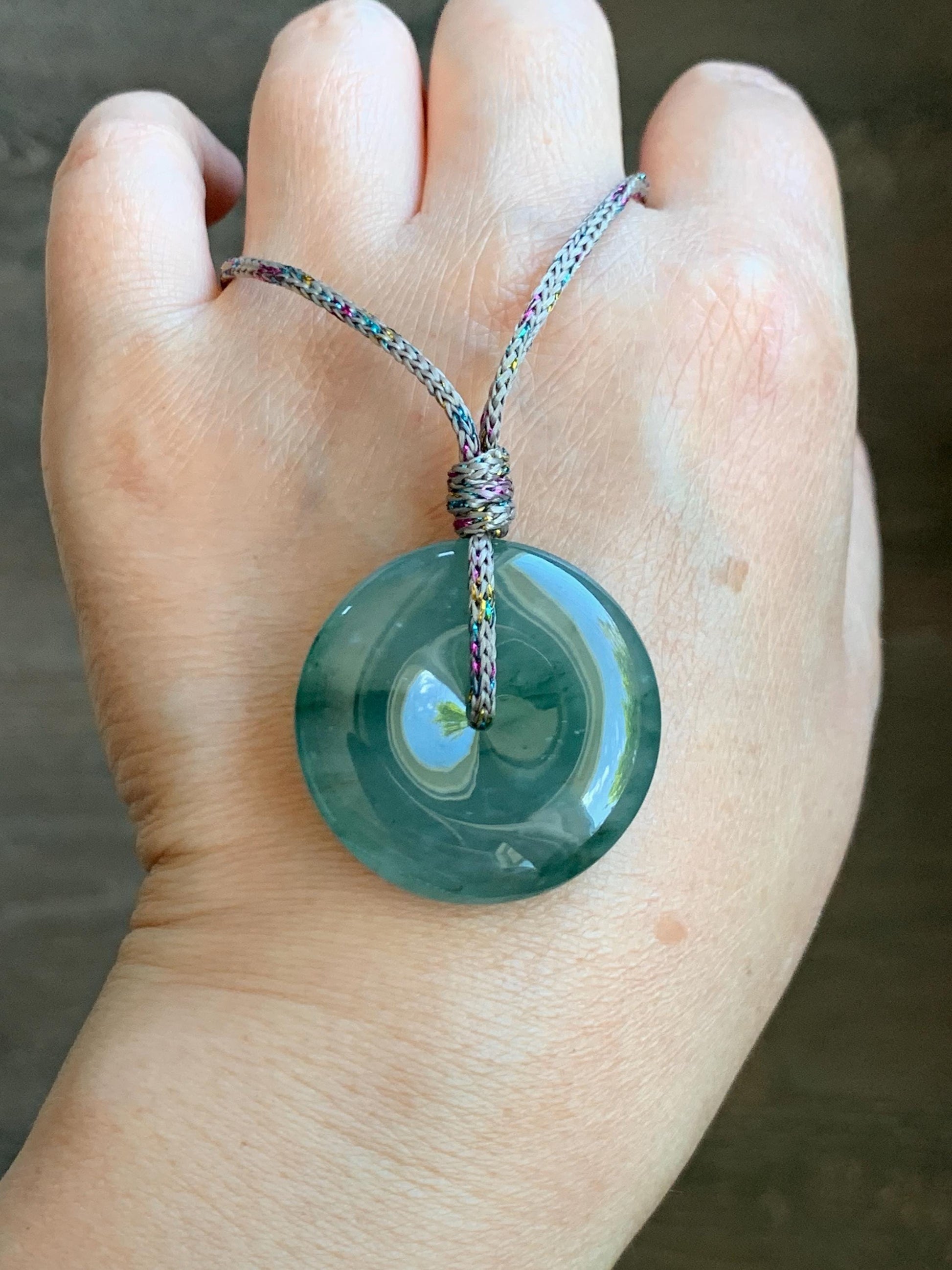Certified Natural Grade A Guatemalan Icy Translucent Teal Green Jade Jadeite Ping An Kou Donut Pendant Rope Necklace 天然冰胶危飘花翡翠平安扣吊坠 8744